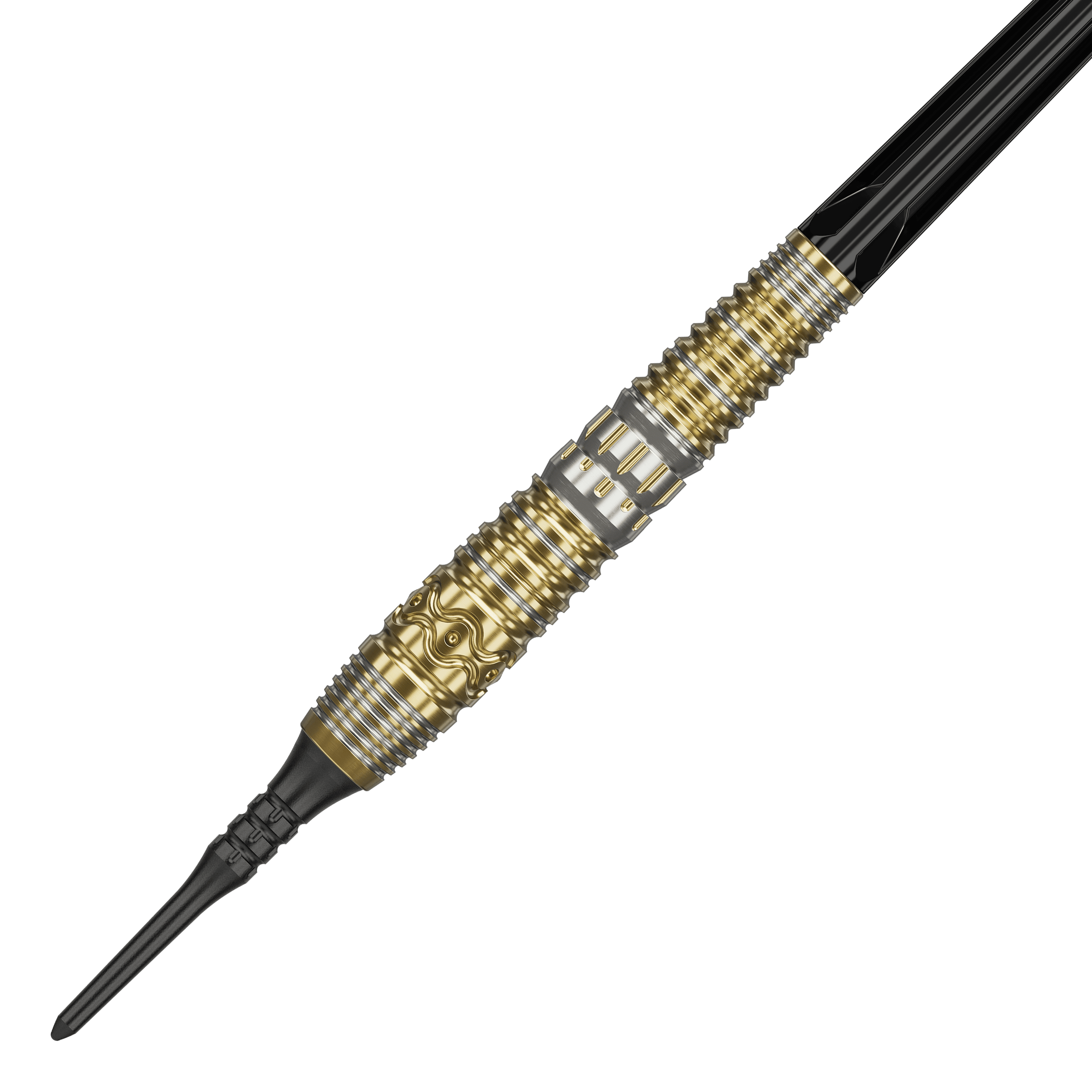 Target Japan Hot Shot GEN2 Soft Darts - 19g Das Bild zeigt einen Softdart mit dem Namen "Target Japan Hot Shot GEN2 Softdarts - 19g". Der Dart hat ein auffälliges Design in Gold und Silber mit detaillierten Gravuren am Griff.