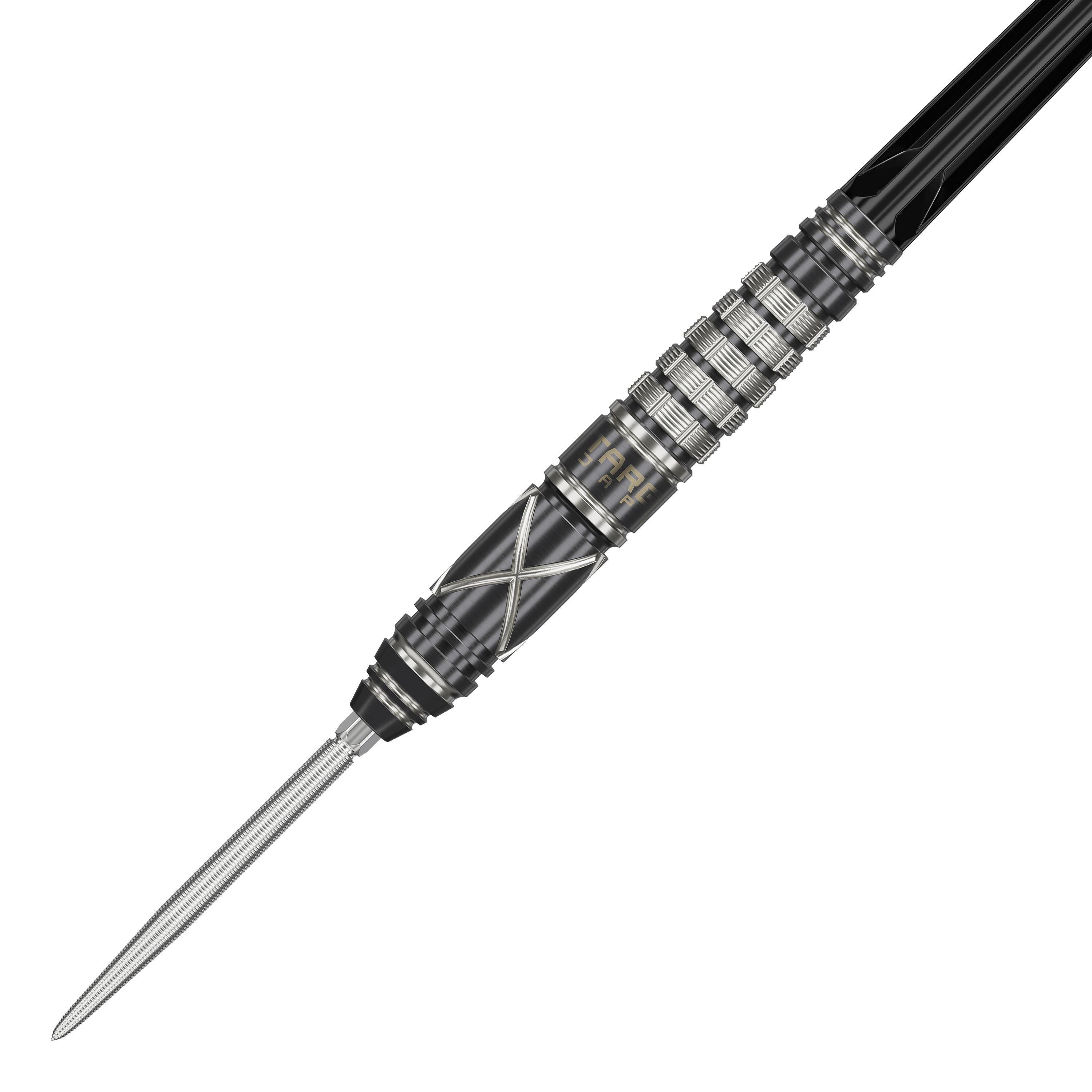 Das Bild zeigt den Target Japan Black Marque Chaos 2 SP Steeldart. Der Dart hat ein elegantes, schwarzes Design mit silbernen Akzenten und feinen Rillen für besseren Halt.