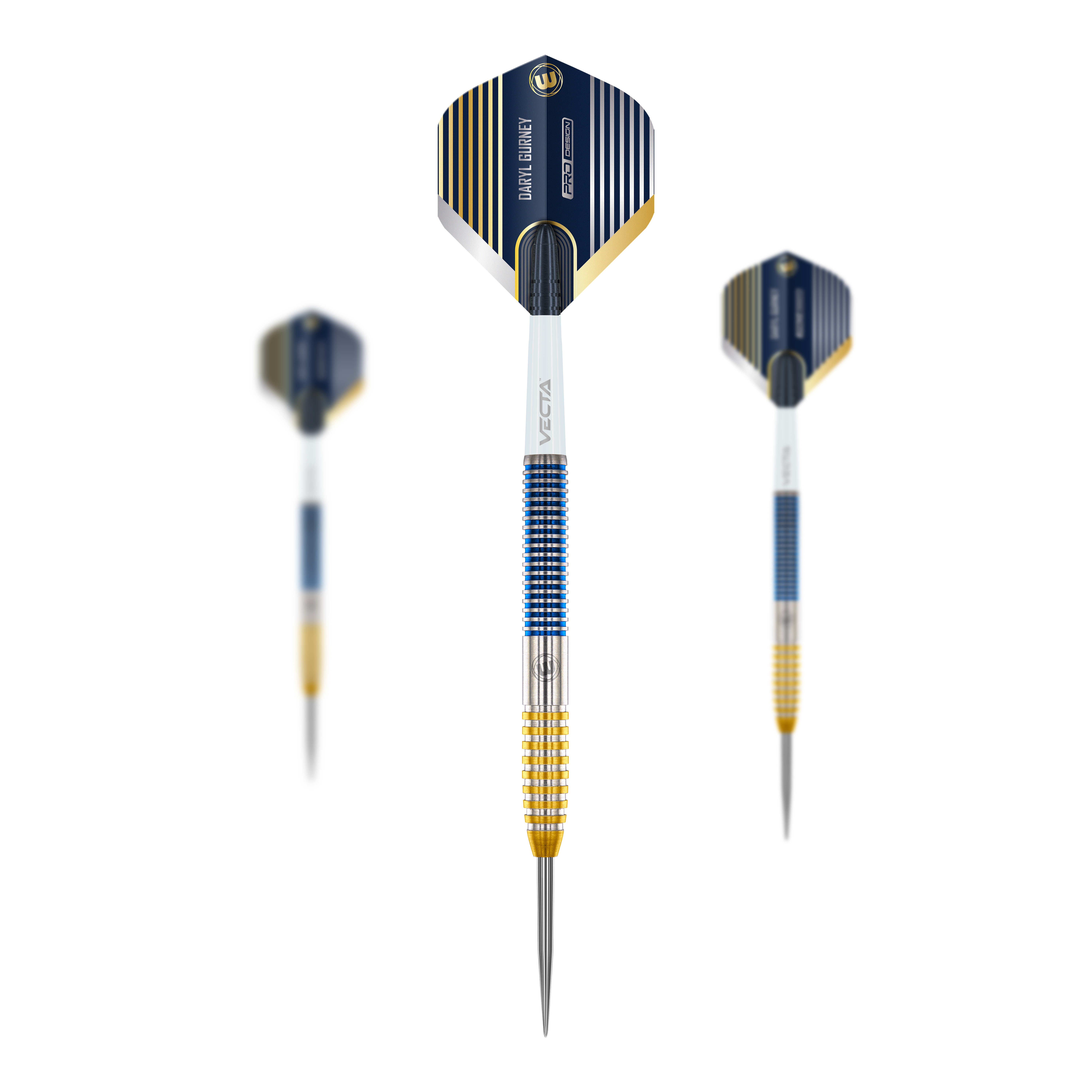 Winmau Daryl Gurney SC 1.0 Series Steeldarts - 23g Das Bild zeigt die Winmau Daryl Gurney SC 1.0 Series Steeldarts mit einem Gewicht von 23g. Die Darts haben ein modernes Design mit blauen, goldenen und silbernen Akzenten.