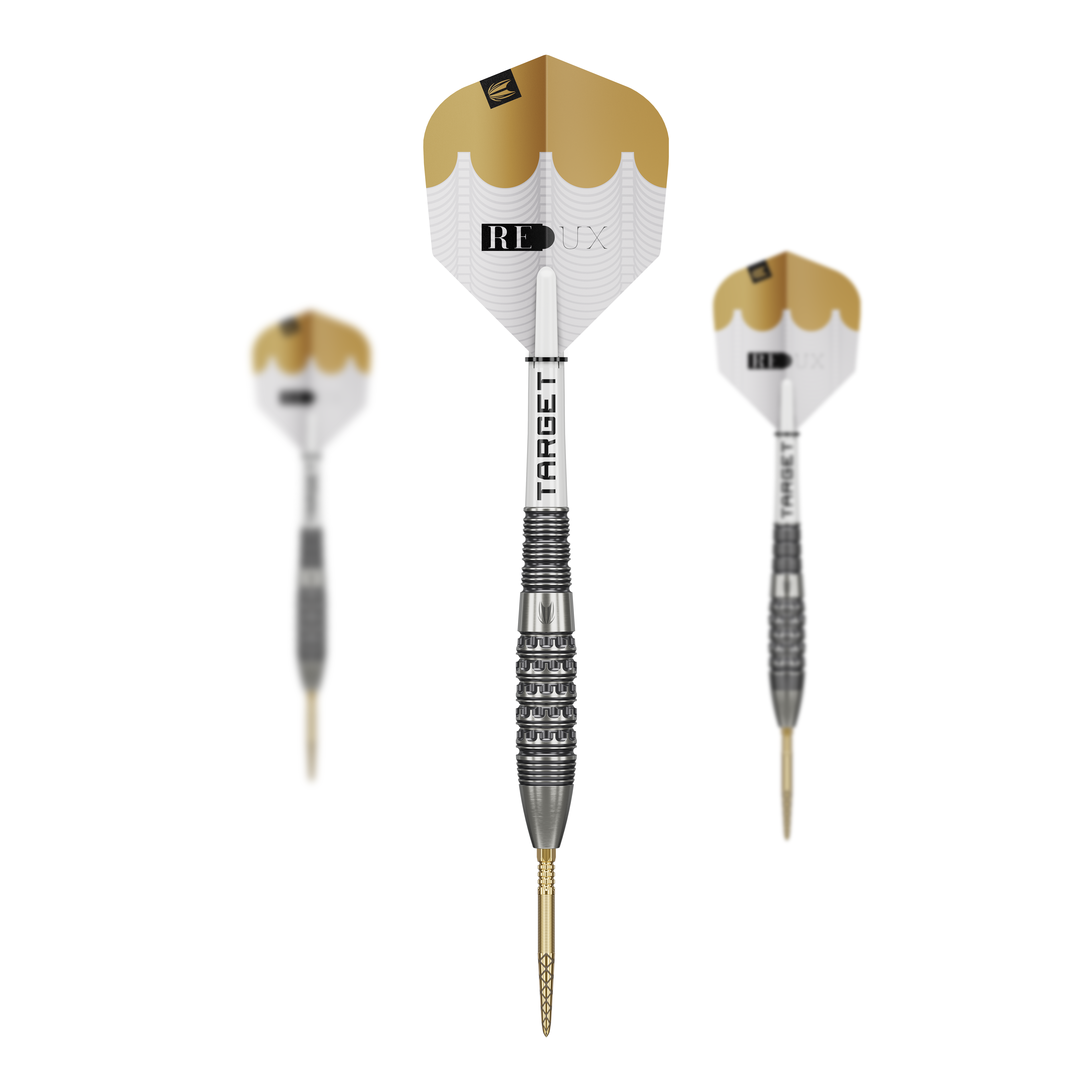 Abgebildet ist das Set der Target Redux 02 Swiss Point Steeldarts. Diese Darts sind für professionelle Spieler geeignet.