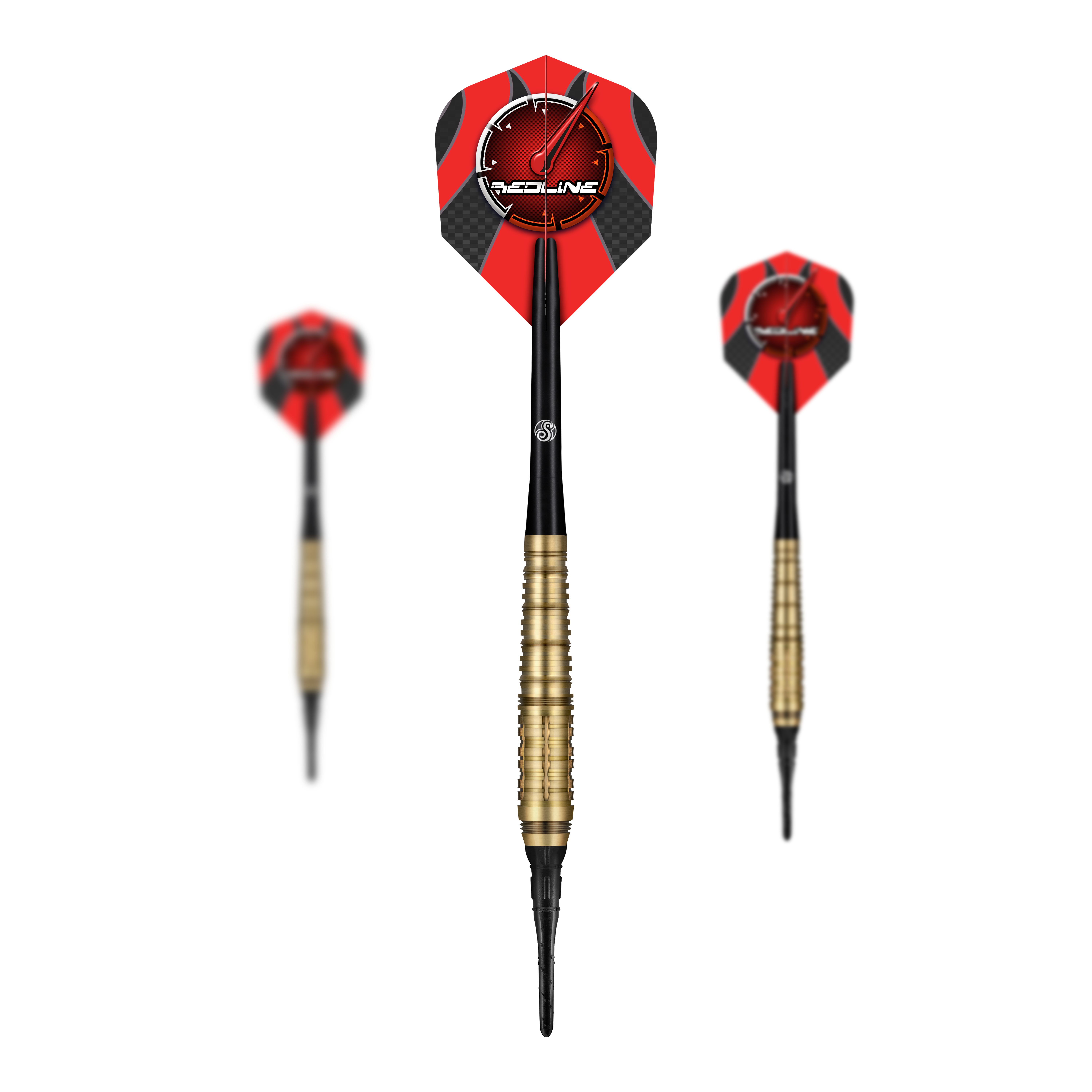 Shot Redline Mach 1 soft darts - 20g Das Bild zeigt drei Softdarts des Produkts „Shot Redline Mach 1“ mit einem Gewicht von 20g. Die Darts haben rote Flights mit schwarzem Muster und goldenen Griffen.
