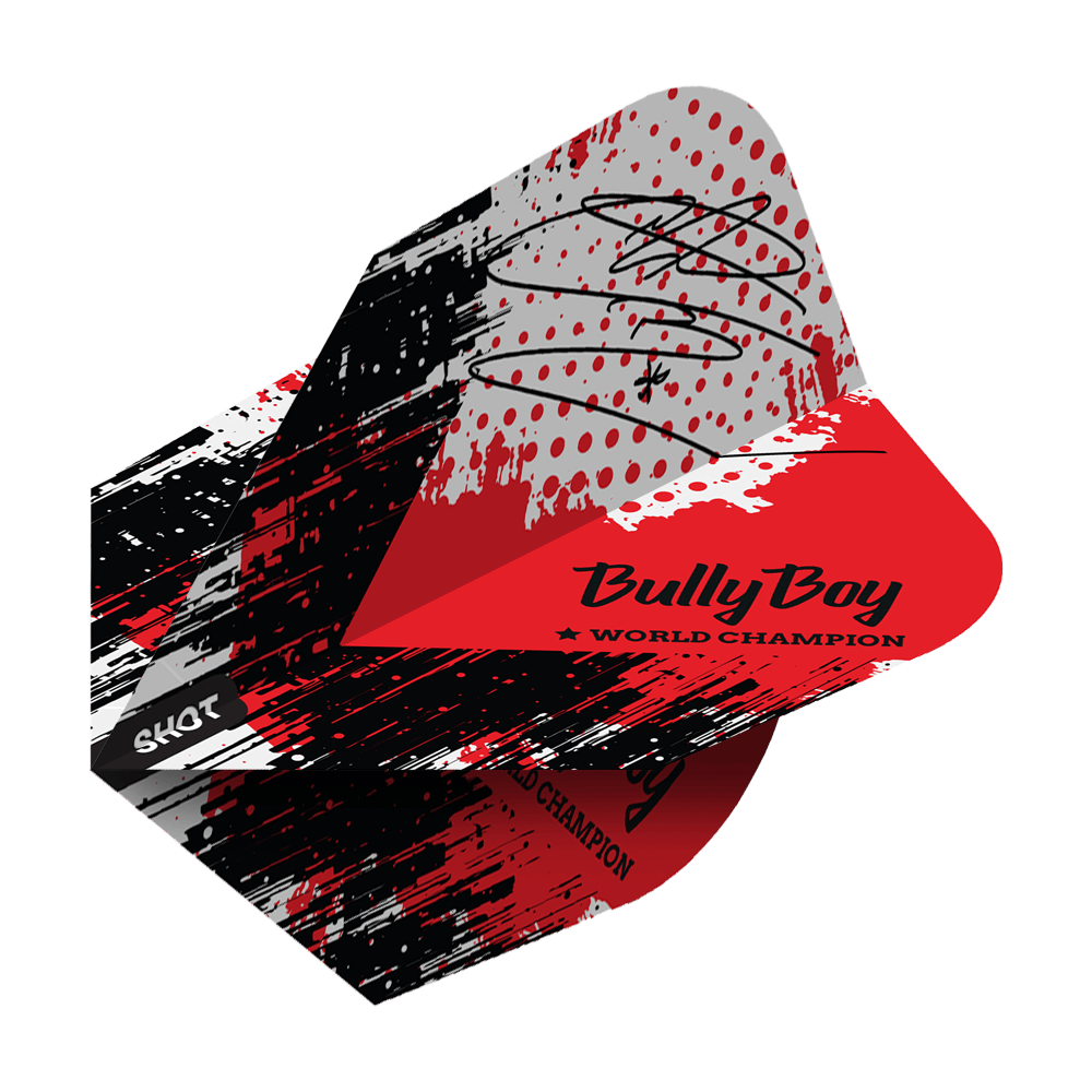Shot Michael Smith Bully Boy Game Day No6 Flights Das Bild zeigt die "Shot Michael Smith Bully Boy Game Day No6 Flights" mit einem rot-schwarzen Design und Unterschrift. Auf dem Flight steht "Bully Boy World Champion" und das Shot-Logo ist sichtbar.