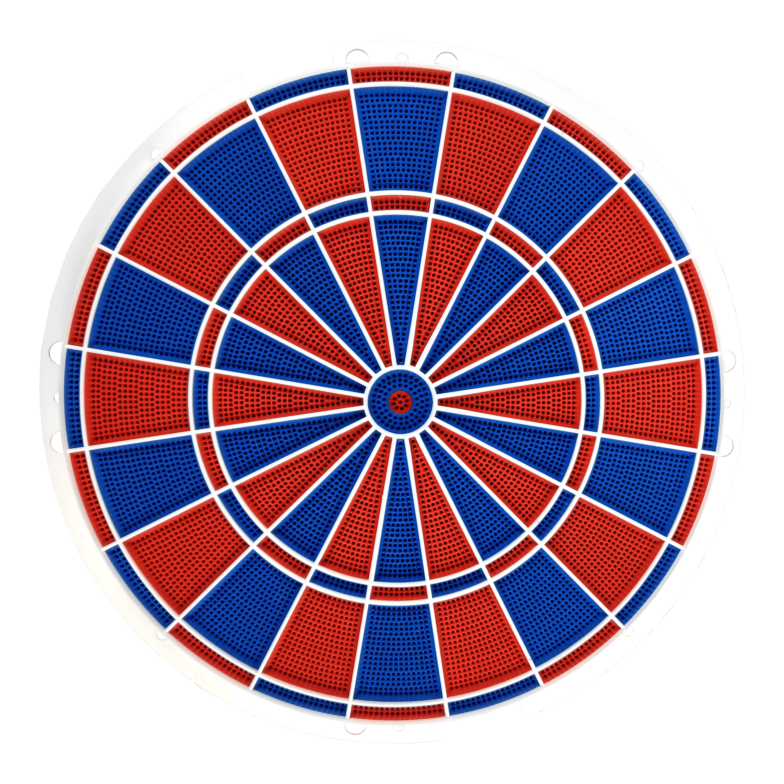 Karella E-Master spare part Das Bild zeigt eine runde Dartscheibe mit abwechselnd roten und blauen Segmenten. Die Segmente sind durch weiße Linien getrennt und die Scheibe hat einen weißen Rahmen.