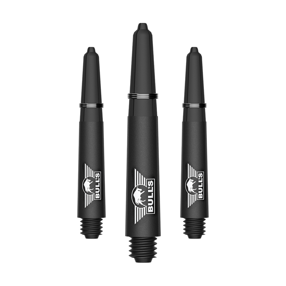 Bulls NL Capo Carbon Shafts - Black Ein Bild mit dem Dateinamen BU55340_BullsNL_Capo_Carbon_Shafts_Schwarz_Short_34mm_1Set. Es handelt sich vermutlich um ein Set aus kurzen schwarzen Carbon-Shafts für Darts.