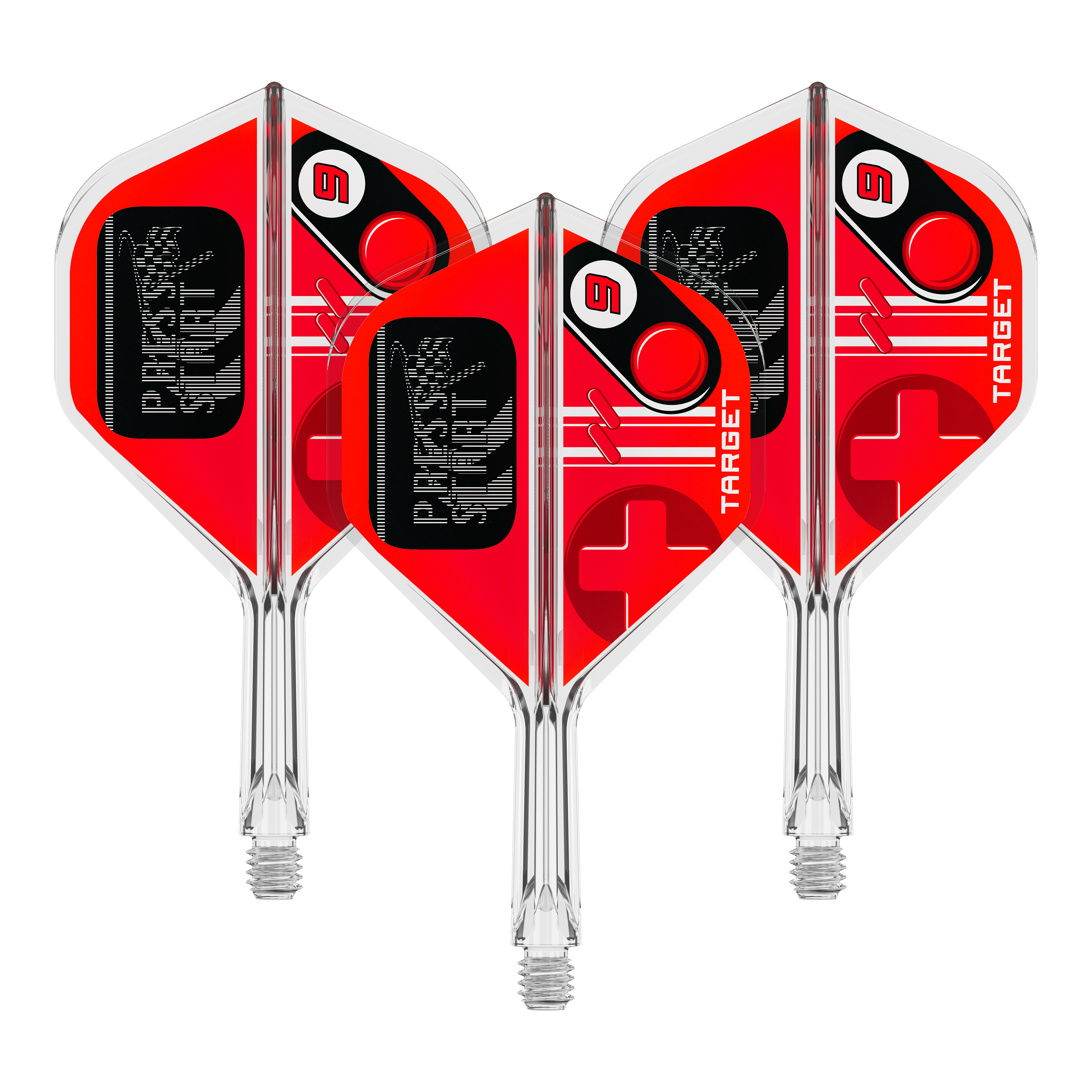 Auf dem Bild ist ein Set Flights für Darts mit dem Namen 410585 Target K-Flex PressStart No2 Standard 19mm zu erkennen. Es ist ein Produkt zur Ausstattung von Dartpfeilen.