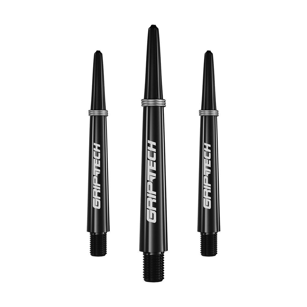 Das Bild zeigt drei schwarze Dart-Schäfte mit der Aufschrift "GRIPTECH" in weißer Farbe. Sie sind schlank geformt und haben silberne Ringe am oberen Ende.