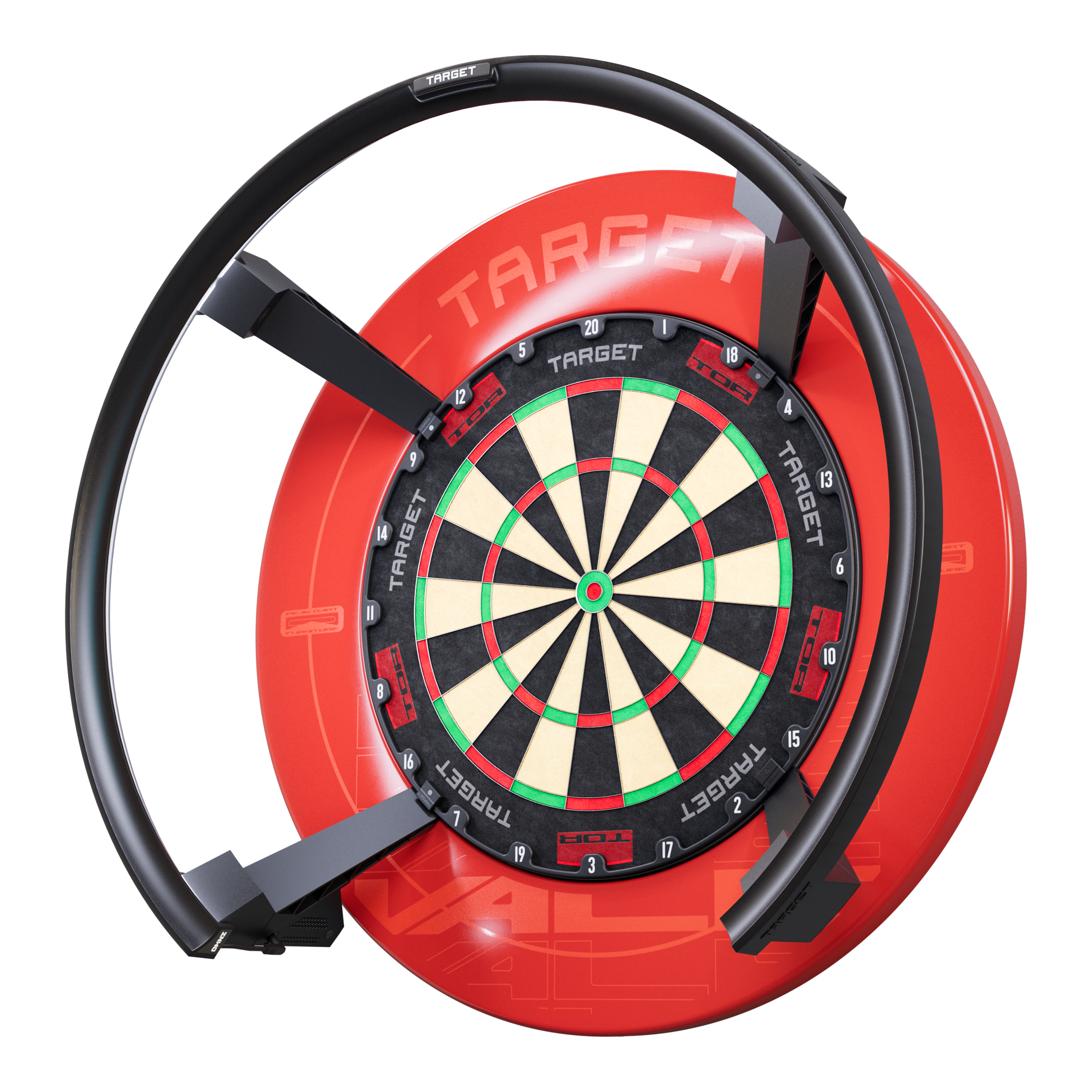Target OMNI auto-scoring system Das Bild zeigt das Produkt "Target OMNI Auto-Scoring-System", ein modernes Dartboard mit automatischer Punkteerfassung. Das Dartboard ist von einem markanten roten Gehäuse und einem schwarzen Ring umgeben.
