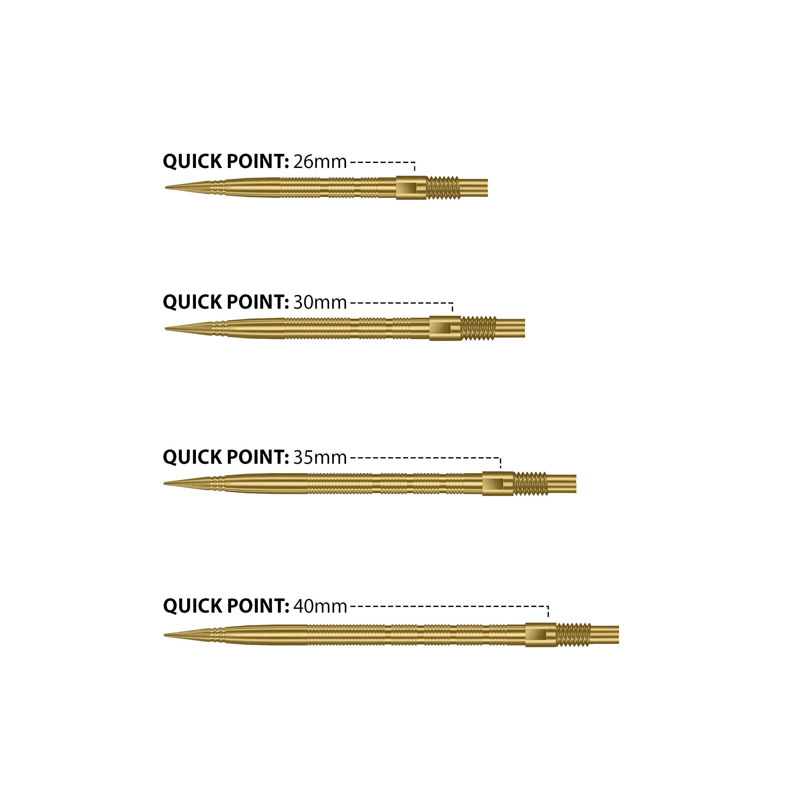 Harrows Quick Point Micro Ridge Dart Tips - Gold Das Bild zeigt Harrows Quick Point Micro Ridge Dartspitzen in Gold. Die goldene Farbe verleiht ihnen ein auffälliges Aussehen.