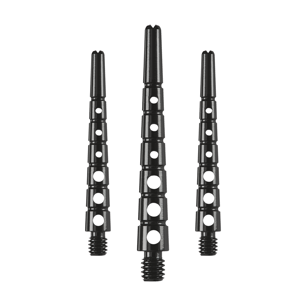 901941_Harrows_Graflite_Shafts_Schwarz_1 Auf dem Bild sind drei Harrows Graflite Shafts mit einer Länge von 41 mm zu sehen. Die schwarzen Schäfte haben mehrere runde Aussparungen entlang ihrer Länge.