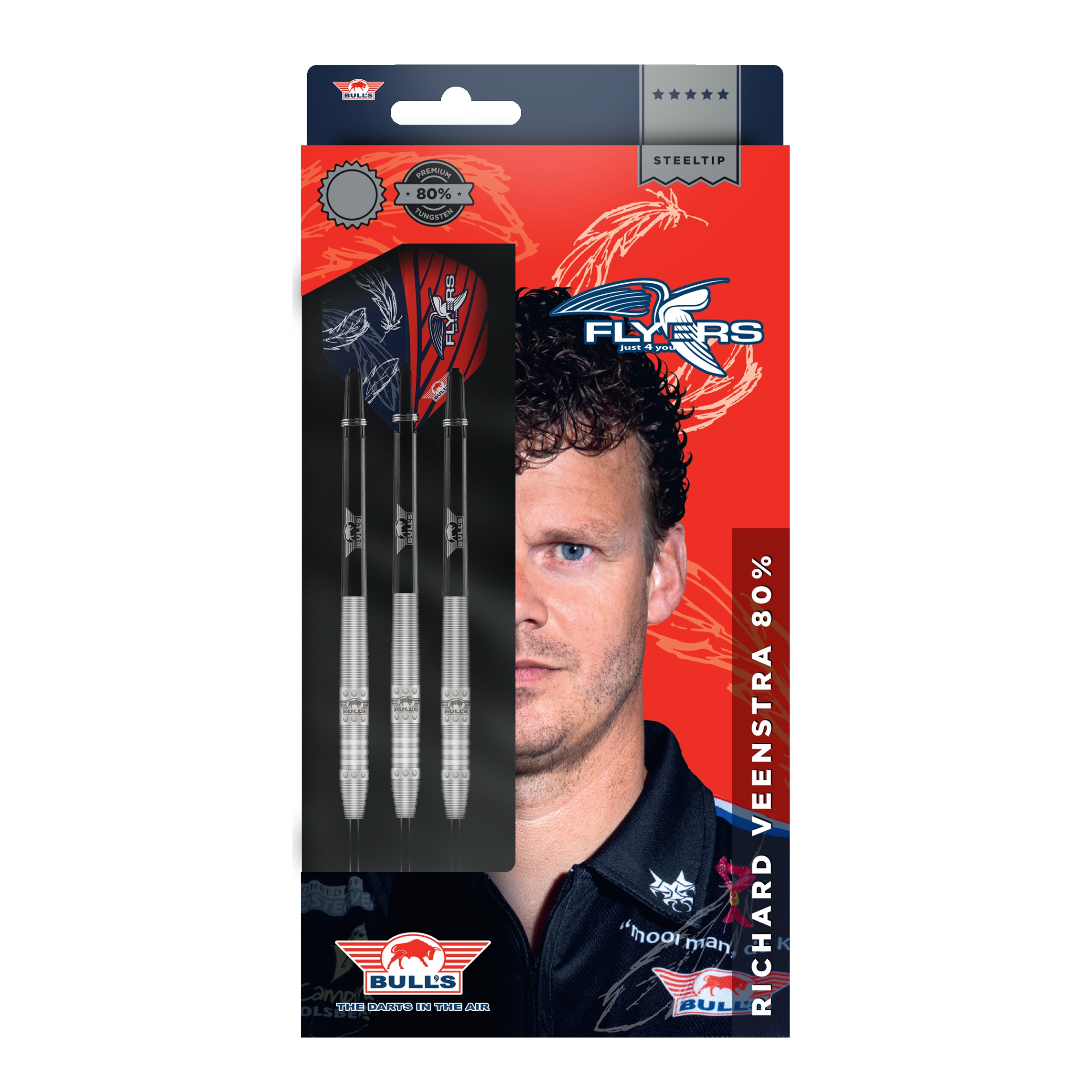 Bulls NL Richard Veenstra 80 steel darts - 23g Die Verpackung zeigt die "Bulls NL Richard Veenstra 80 Steeldarts - 23g". Auf der Vorderseite sind drei Darts und das Porträt eines Mannes abgebildet.