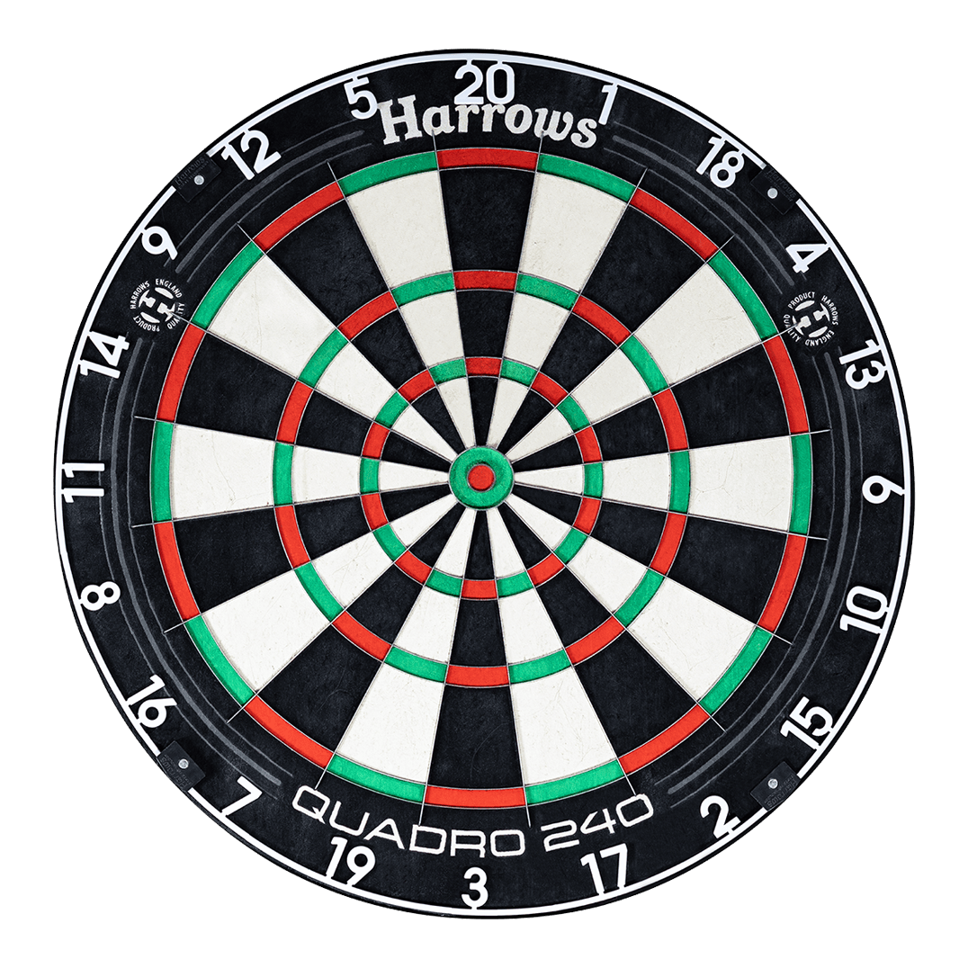 Harrows Quadro 240 steel dartboard Das Bild zeigt ein Harrows Quadro 240 Steeldartboard. Die Dartscheibe hat farbige Segmente in Schwarz, Weiß, Rot und Grün.