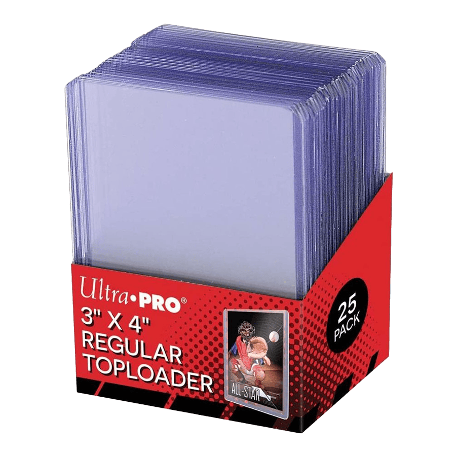 Das Bild zeigt eine Packung mit 25 Ultra-Pro Toploader Schutzhüllen in der Größe 3" x 4". Diese transparenten Hüllen dienen dem Schutz von Sammelkarten.