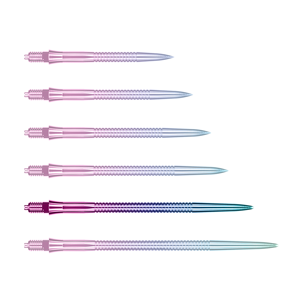 Dargestellt ist eine einzelne Caliburn EZ-EVO Dartspitze in 45 mm Länge und grooved Rainbow-Design. Die Spitze leuchtet in Regenbogenfarben und hat ein geriffeltes Muster.