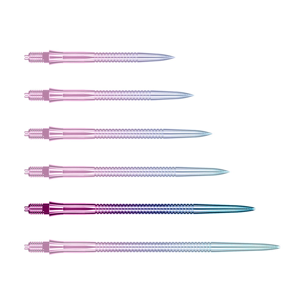 Caliburn EZ-EVO dart tips - Grooved - Rainbow Dargestellt ist eine einzelne Caliburn EZ-EVO Dartspitze in 45 mm Länge und grooved Rainbow-Design. Die Spitze leuchtet in Regenbogenfarben und hat ein geriffeltes Muster.