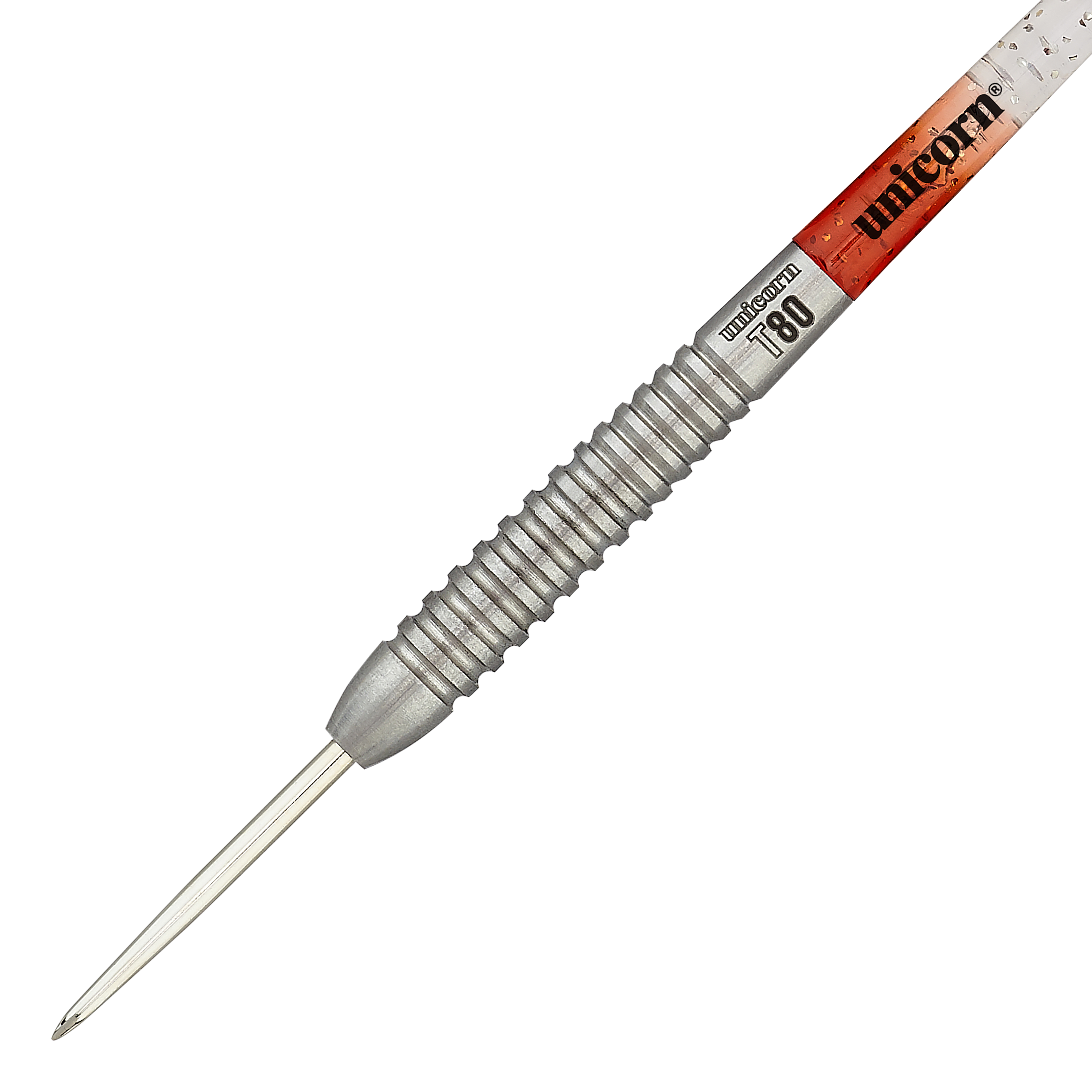 Unicorn Core XL Striker Style 5 steel darts Das Bild zeigt einen Unicorn Core XL Striker Style 5 Steeldart. Der Dartpfeil hat einen silbernen, geriffelten Griff und eine spitze Metallspitze.