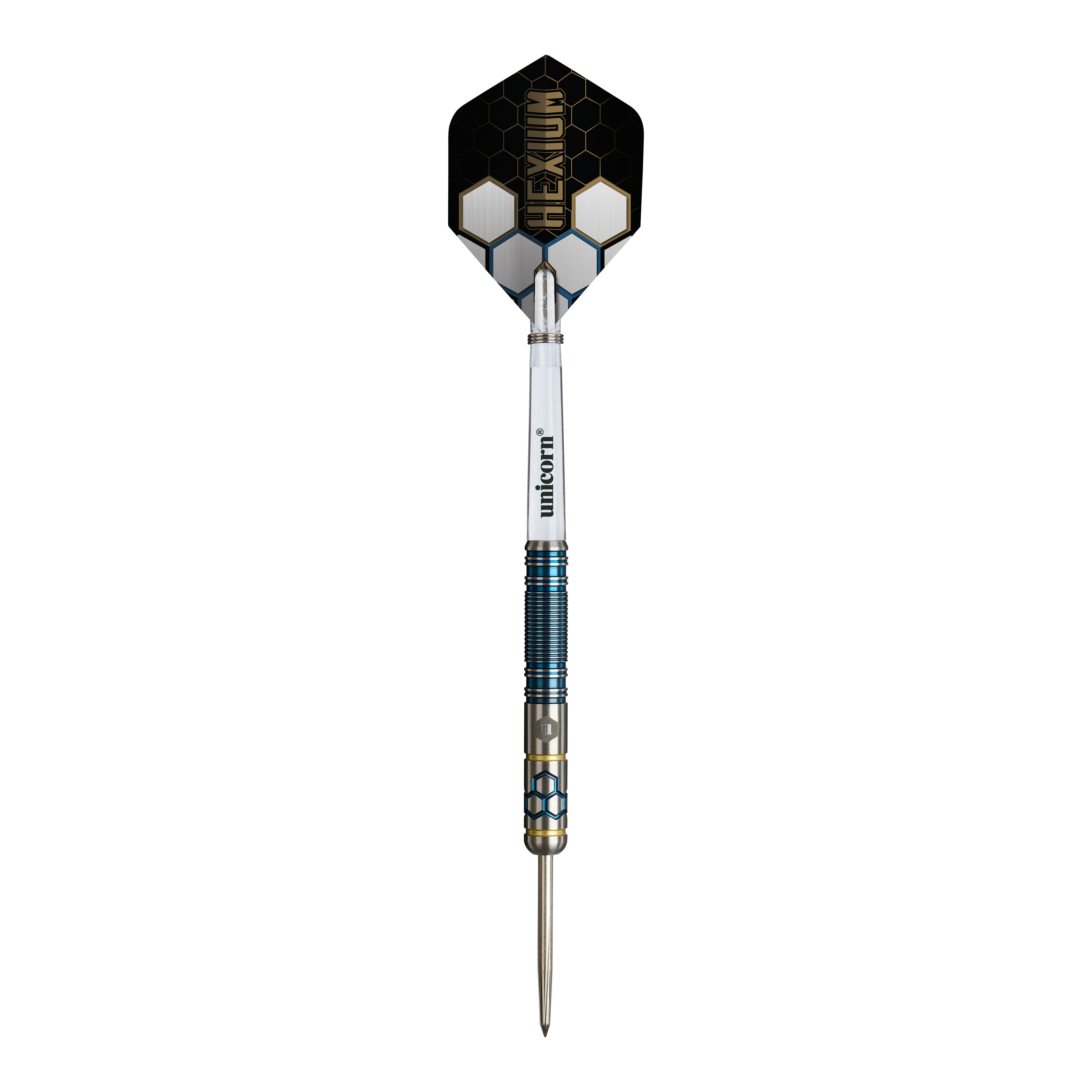 Abgebildet sind die Unicorn Hexium Style 02 Blue & Gold Steeldarts. Die Farbkombination aus Blau und Gold ist auffällig.