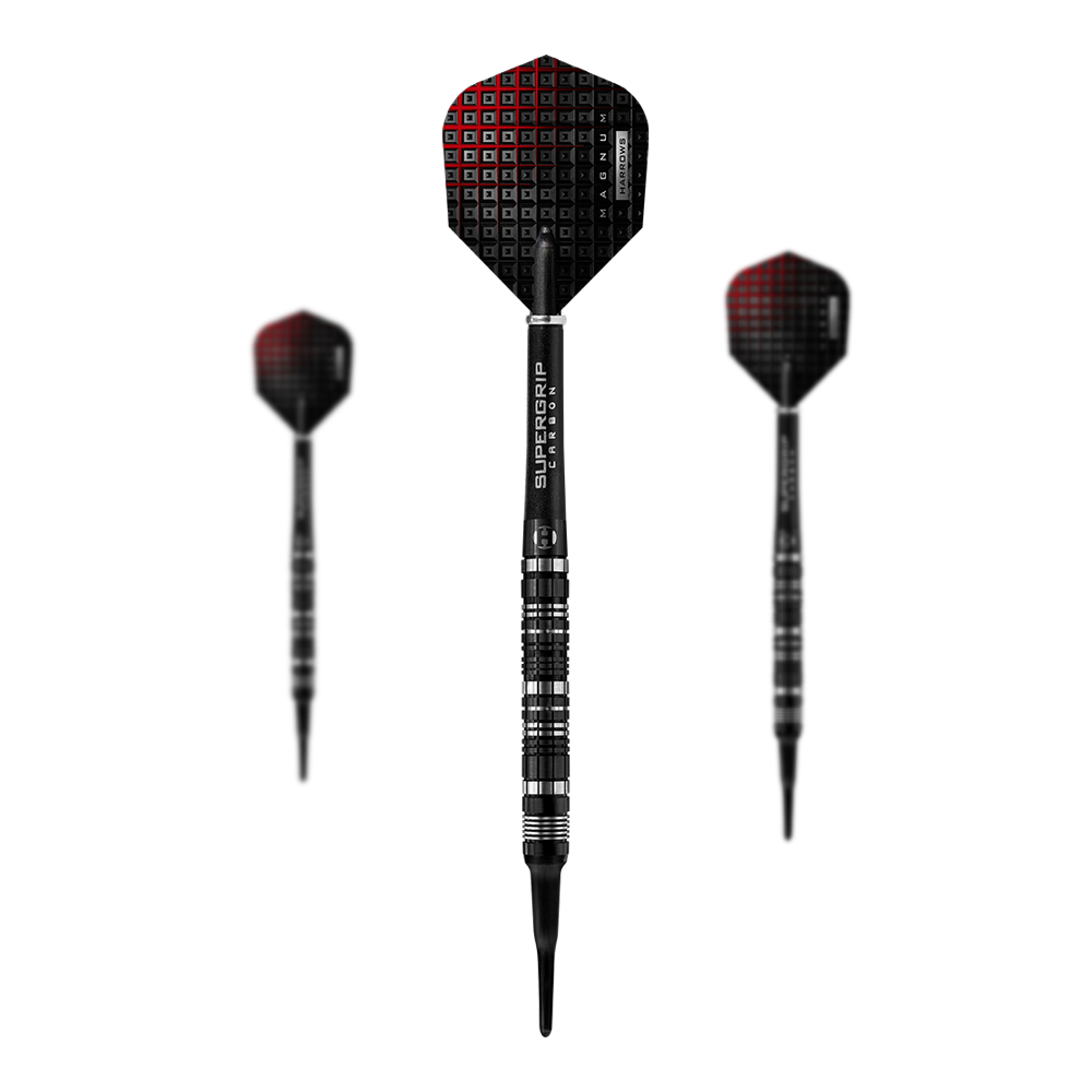 Das Bild zeigt drei Harrows Magnum Reloaded Softdarts. Die Darts sind schwarz mit roten Akzenten und haben einen modernen, sportlichen Look.