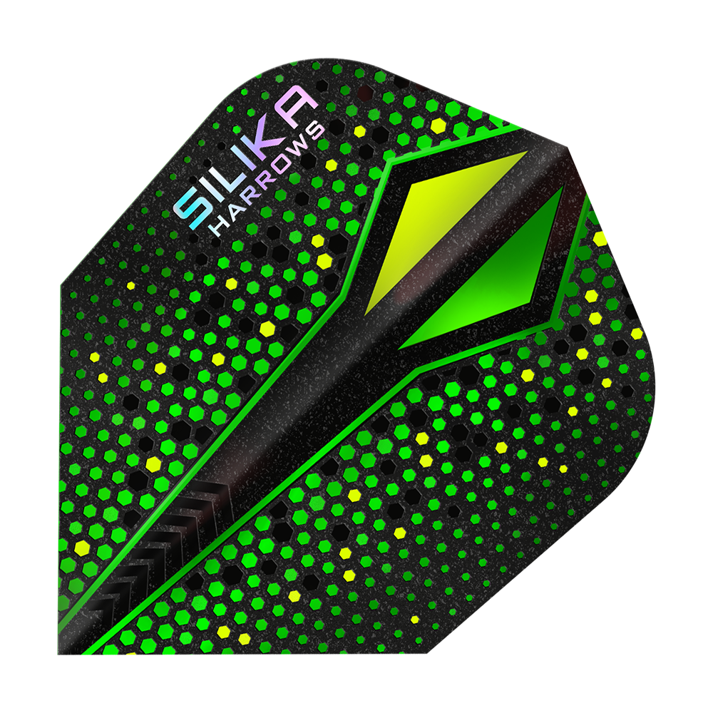 Harrows Silika Colorshift Tough Crystalline Coating Green-X No6 Flights Das Bild zeigt ein Dart Flight mit dem Namen „Harrows Silika Colourshift Tough Crystalline Coating Green-X No6“. Es hat ein auffälliges Design mit grünen und gelben Hexagon-Mustern auf schwarzem Hintergrund.