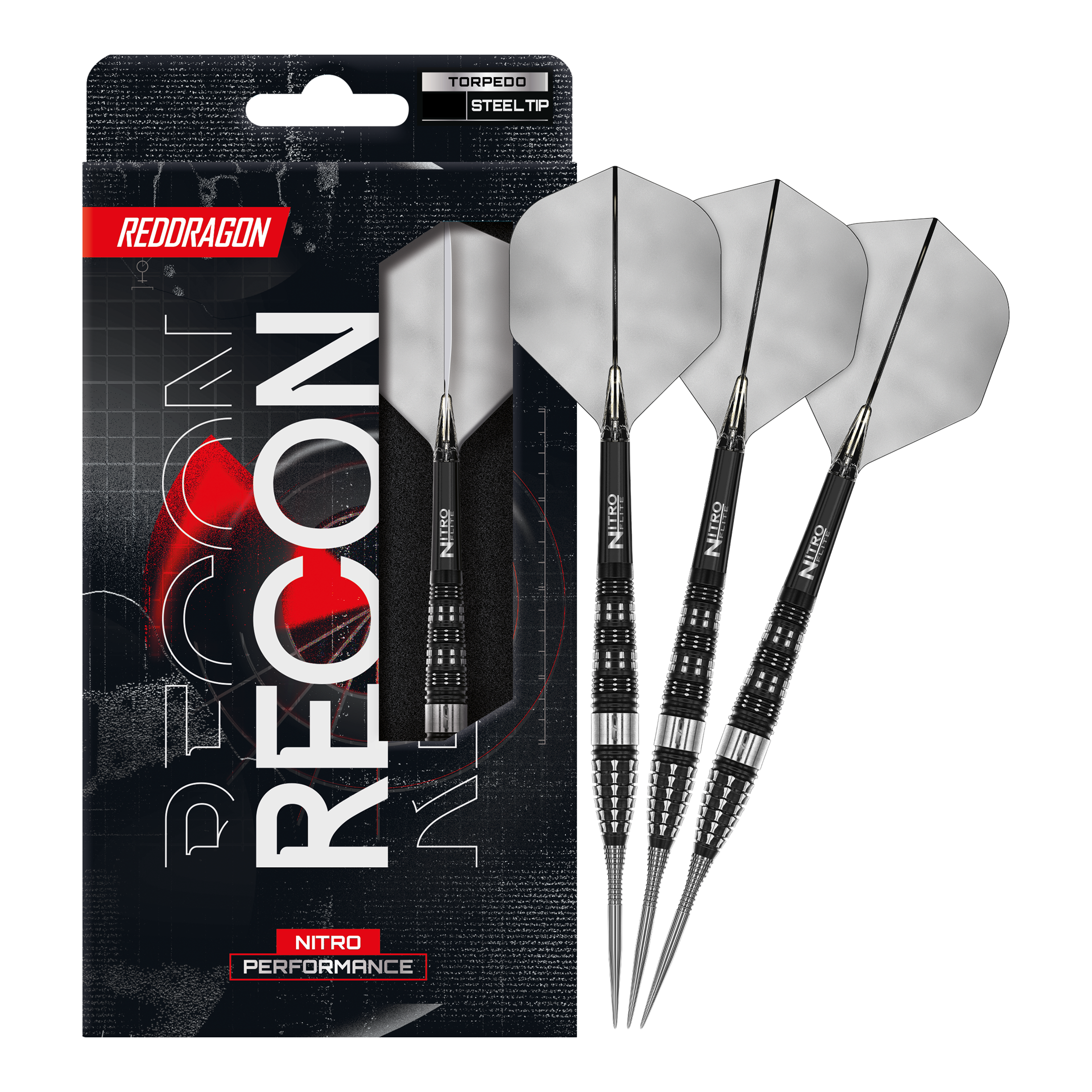 Red Dragon Recon Torpedo Steel Darts Auf dem Bild ist ein vollständiger Satz Red Dragon Recon Torpedo Steeldarts dargestellt. Diese Steeldarts sind speziell für präzises Spielen entwickelt.