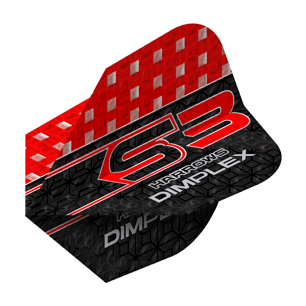 Harrows Dimplex S3 Flights - Red Das Bild zeigt ein Harrows Dimplex S3 Flight in den Farben Rot und Schwarz. Auf dem Flight steht der Schriftzug "S3 Harrows Dimplex" in auffälligen Buchstaben.
