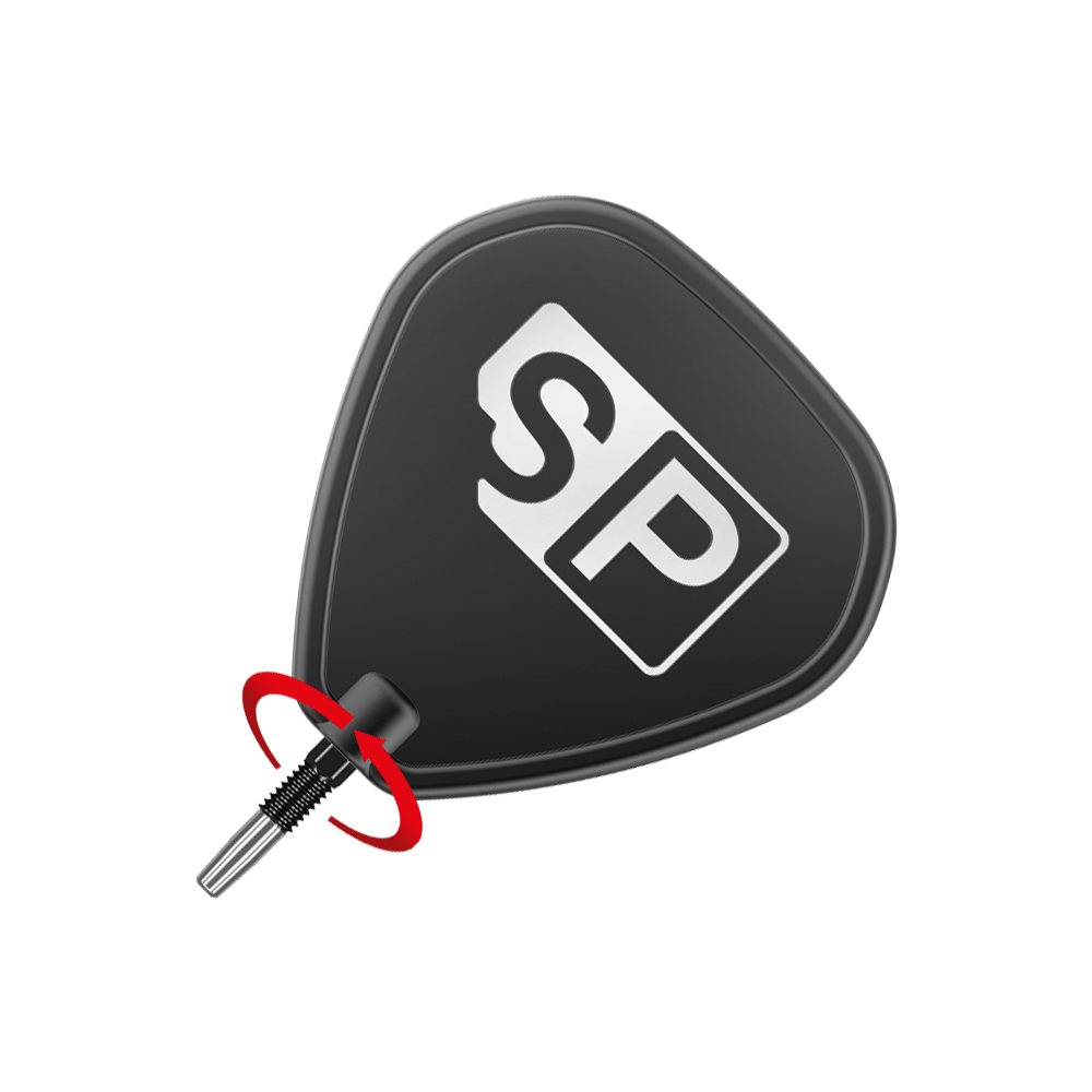 Target Swiss Firepoint Black dart tips Das Bild zeigt eine schwarze Dartspitze mit den weißen Buchstaben "SP" darauf. Ein roter Pfeil deutet auf eine Drehbewegung an der Verbindung der Spitze hin.