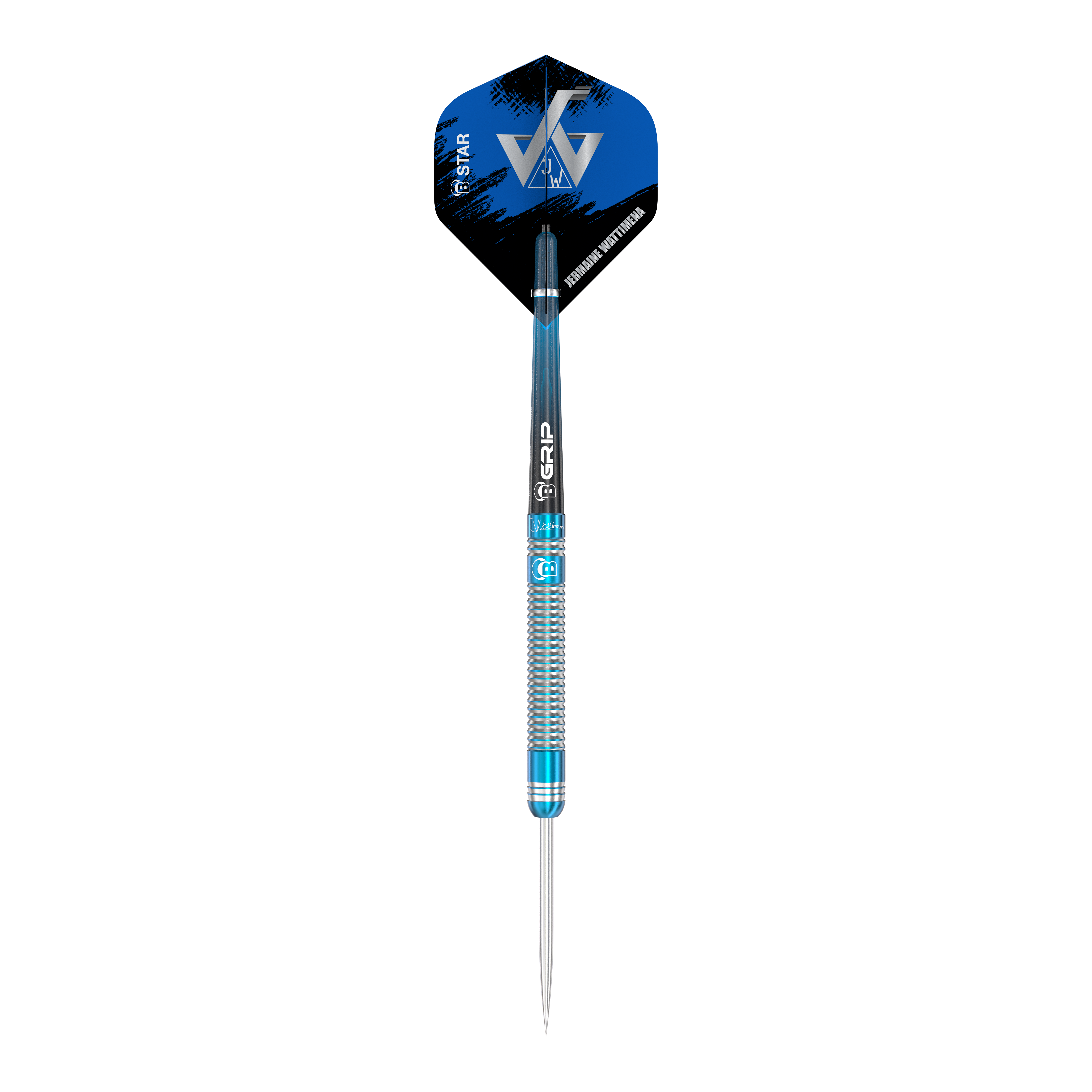 Bulls Jermaine Wattimena Generation 3 steel darts Das Bild zeigt einen Steeldart aus der Serie "Bulls Jermaine Wattimena Generation 3". Der Dart ist silberfarben mit blauen Akzenten und hat ein modernes Flight-Design.