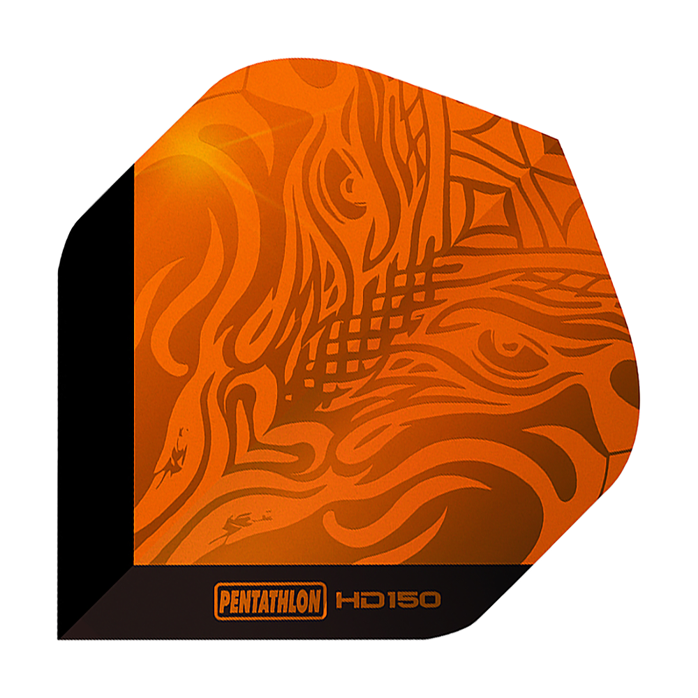 Pentathlon HD150 Metallic Orange Standard Flights Das Bild zeigt ein Pentathlon HD150 Metallic Orange Standard Flight. Das Design ist orange mit metallischem Glanz und auffälligen Mustern.