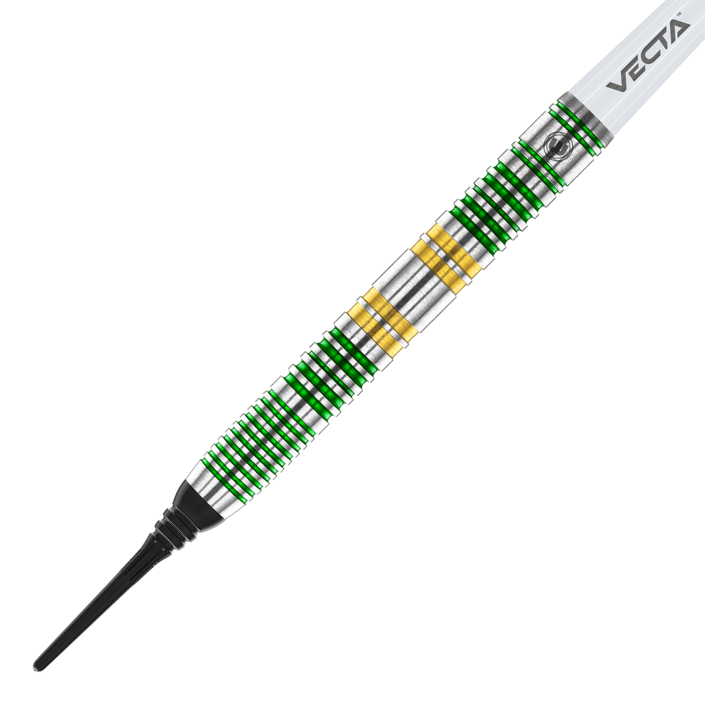 Winmau Xenon Softdarts - 20g Das Bild zeigt einen Winmau Xenon Softdart mit einem Gewicht von 20 Gramm. Der Dartpfeil hat silberne, grüne und goldene Ringe und eine schwarze Spitze.