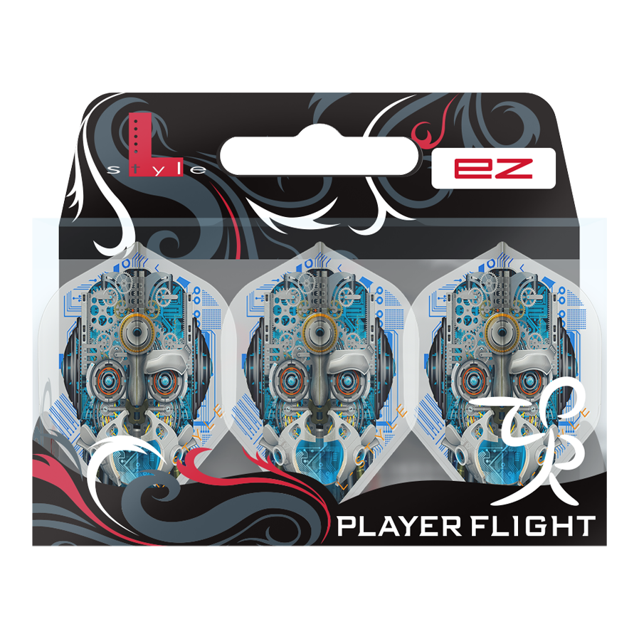 Das Bild zeigt eine Verpackung mit drei weißen Dart-Flights namens "L-Style Berry Van Peer V3 Clear White L1EZ". Die Flights haben ein futuristisches Design mit einem Roboter-Gesicht auf jedem Flight.