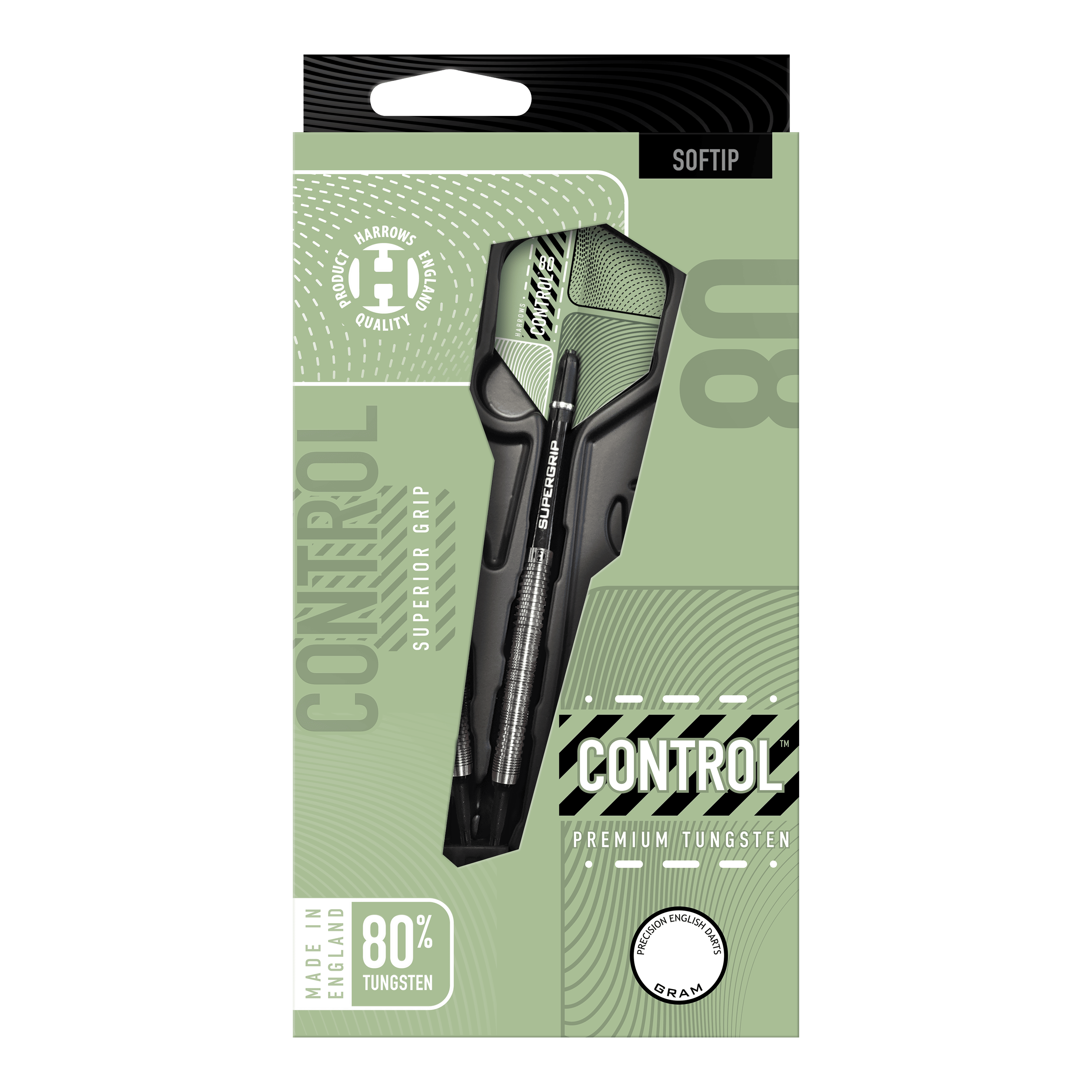 Harrows Control Parallel Softdarts Das Bild zeigt die Verpackung der "Harrows Control Parallel Softdarts" mit dem Dartpfeil gut sichtbar. Auf der Verpackung steht, dass der Dart aus 80% Tungsten besteht und für einen überlegenen Griff sorgt.