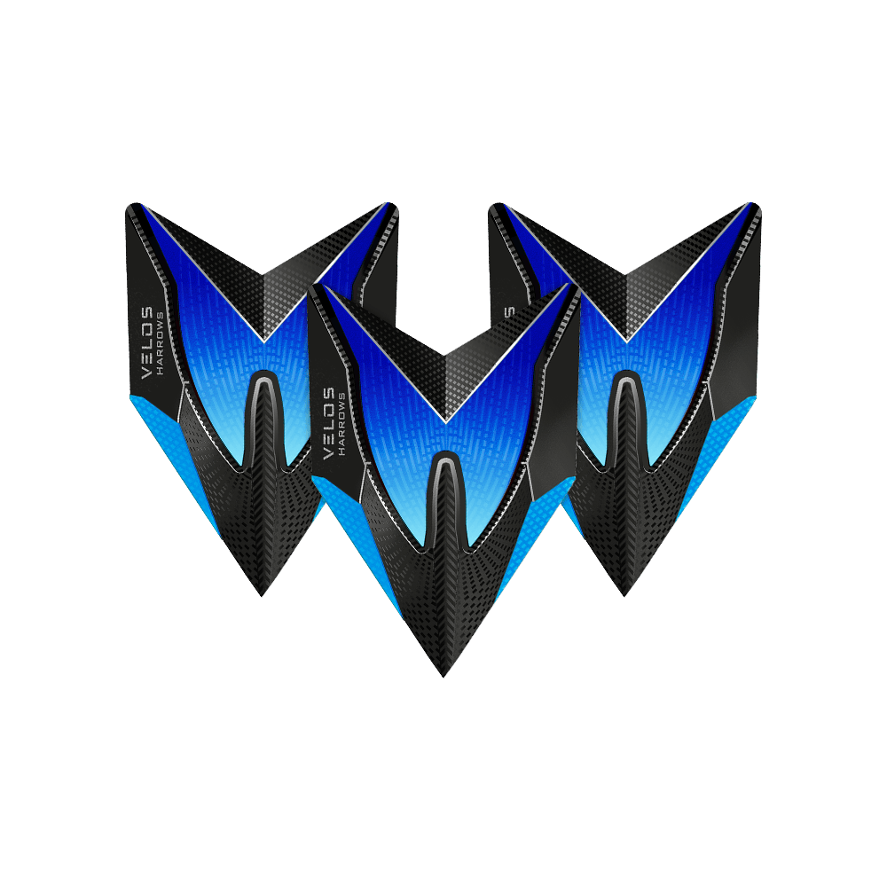 HR1012_Harrows_Blue_2020_Velos_Flights_1ngw56xqiZA3ZG Das Bild zeigt drei blaue Harrows Velos Flights für Dartpfeile. Das Design ist modern und besteht aus Blau-, Schwarz- und Grautönen.