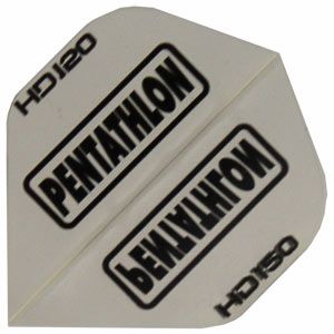 hd11 Das Bild zeigt ein weißes Dartflight mit der Aufschrift "PENTATHLON" in schwarzer Schrift. An den Seiten stehen die Bezeichnungen "HD 120" und "HD 150".