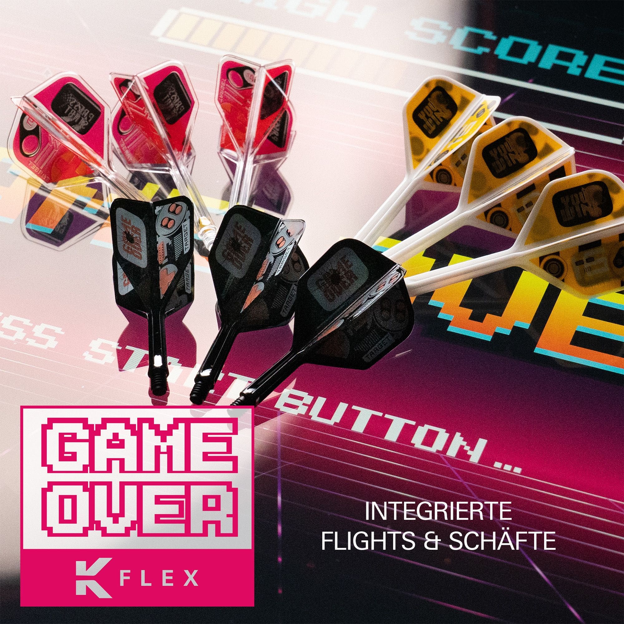 Darstellung der Target K-Flex Press Start No6 Flights. Diese Flights verbessern das Flugverhalten von Dartpfeilen.