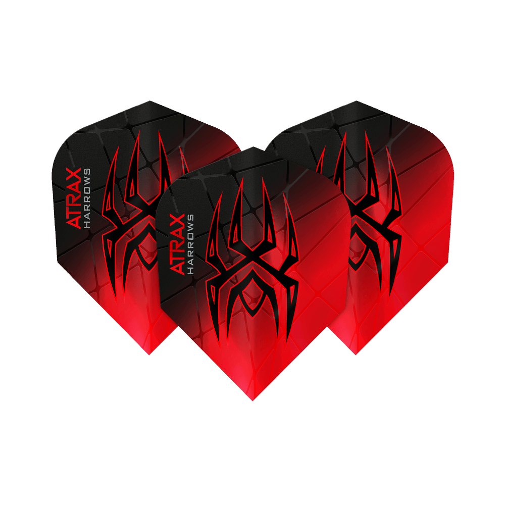 Harrow's Atrax Prime No6 Flights Das Bild zeigt drei Harrows Atrax Prime No6 Flights in Schwarz und Rot mit einem markanten Spinnennetz-Design. Auf jedem Flight steht der Name "Atrax Harrows" an der Seite.