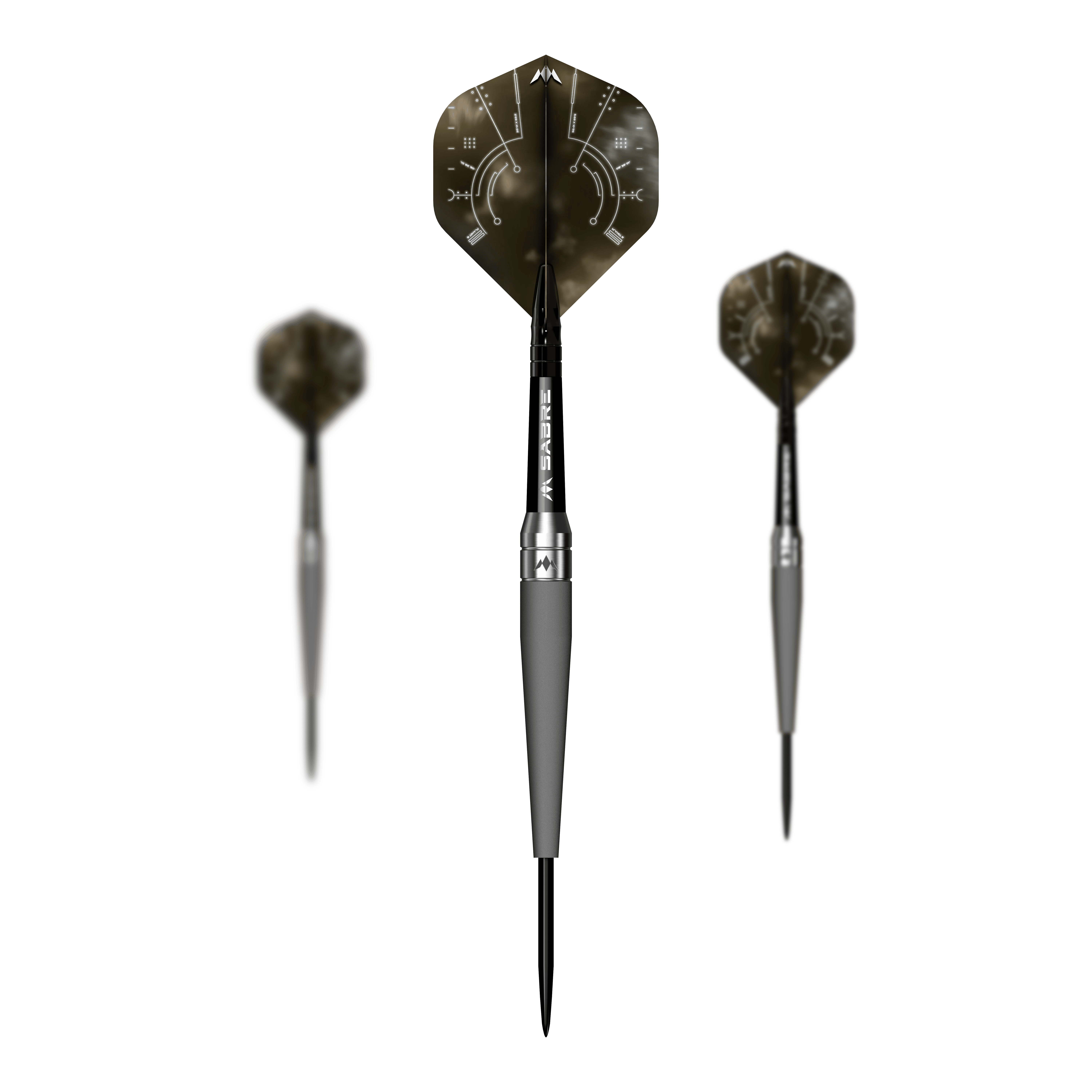 Mission Saturn Titan steel darts Das Bild zeigt drei Steeldarts des Produkts „Mission Saturn Titan“. Die Darts haben eine schwarze Spitze, einen silbernen Körper und auffällige Flights mit einem futuristischen Design.