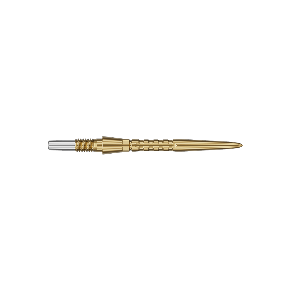 Target Swiss Point Storm Surge steel dart tips - gold Auf dem Bild ist eine goldfarbene Steeldartspitze zu sehen. Sie hat eine schlanke, spitz zulaufende Form mit einem silbernen Ende.