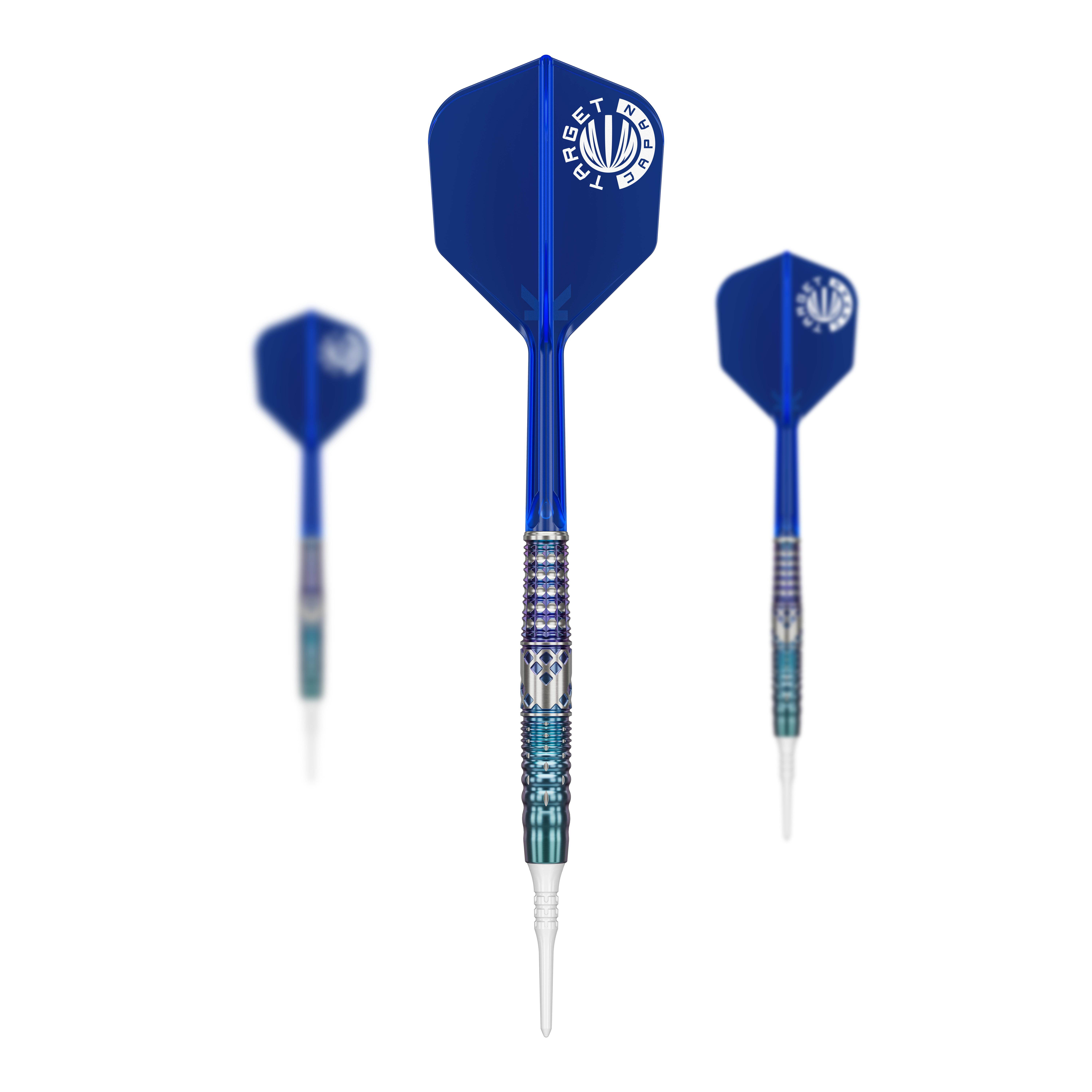 Target Japan Cathy Leung Charis GEN5 Soft Darts - 19g Das Bild zeigt drei blaue Softdarts aus der Serie "Target Japan Cathy Leung Charis GEN5 - 19g". Die Spitzen sind weiß, und die Flights tragen das Target-Logo.