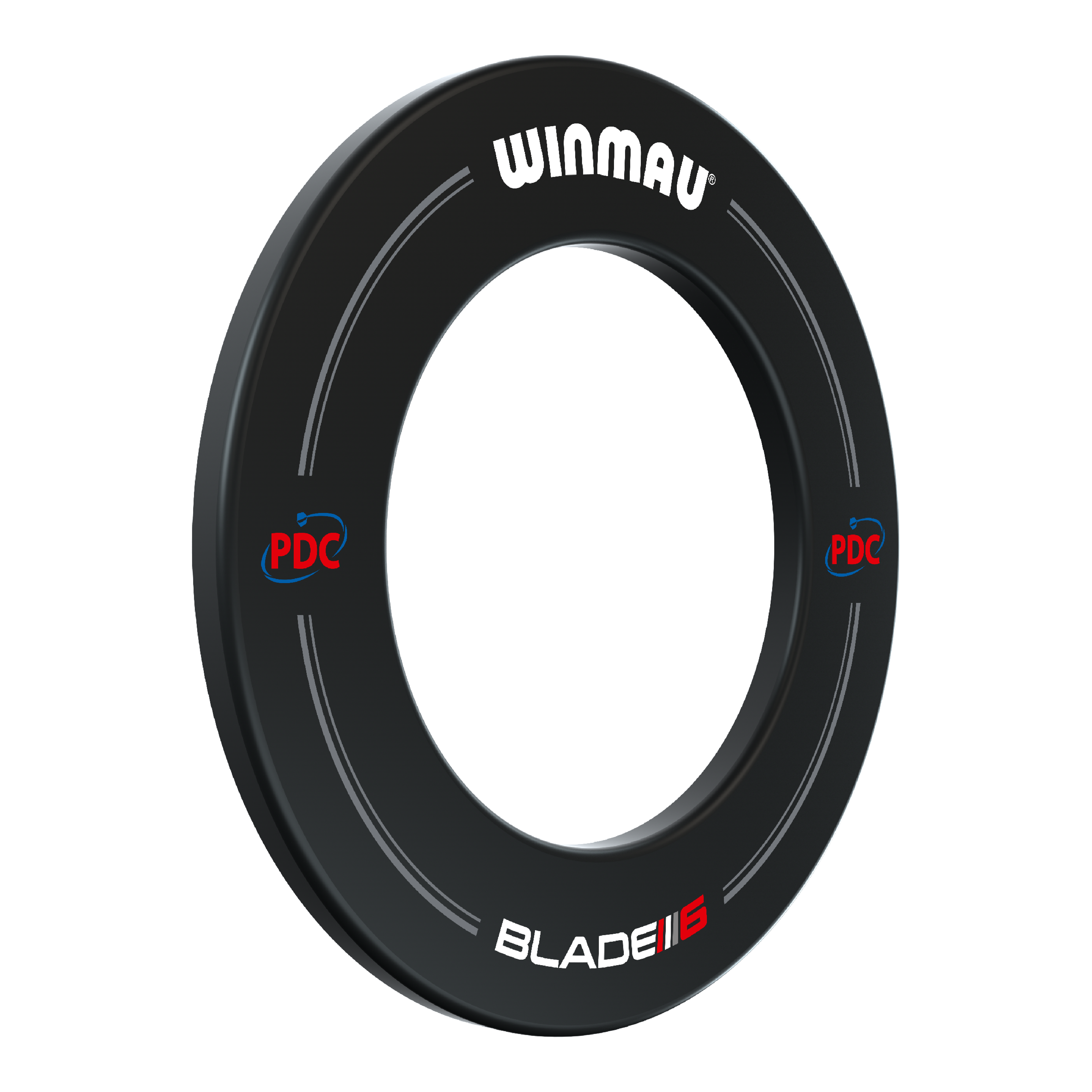 Winmau PDC Dartboard Surround - Black Das Bild zeigt die Winmau PDC Dartboard Surround in Schwarz. Der Dartboard-Schutzring ist rund und trägt die Aufschriften "WINMAU", "PDC" und "BLADE 6".