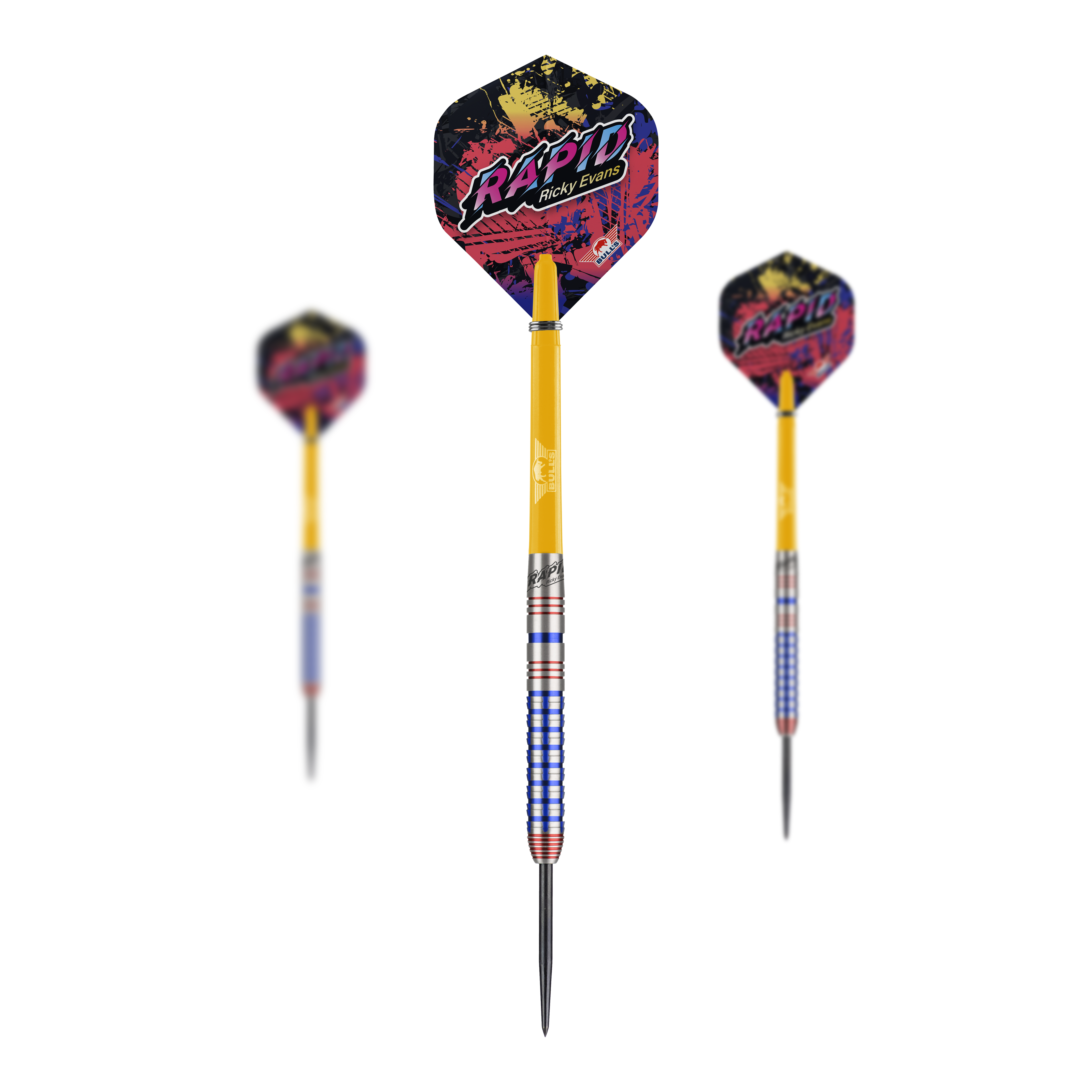 Bulls NL Ricky Evans Rapid Edition One Steel Darts Das Bild zeigt drei Steeldarts des Modells "Bulls NL Ricky Evans Rapid Edition One". Die Darts haben bunte Flights mit dem Schriftzug "Rapid" und einen auffälligen gelb-blauen Schaft.