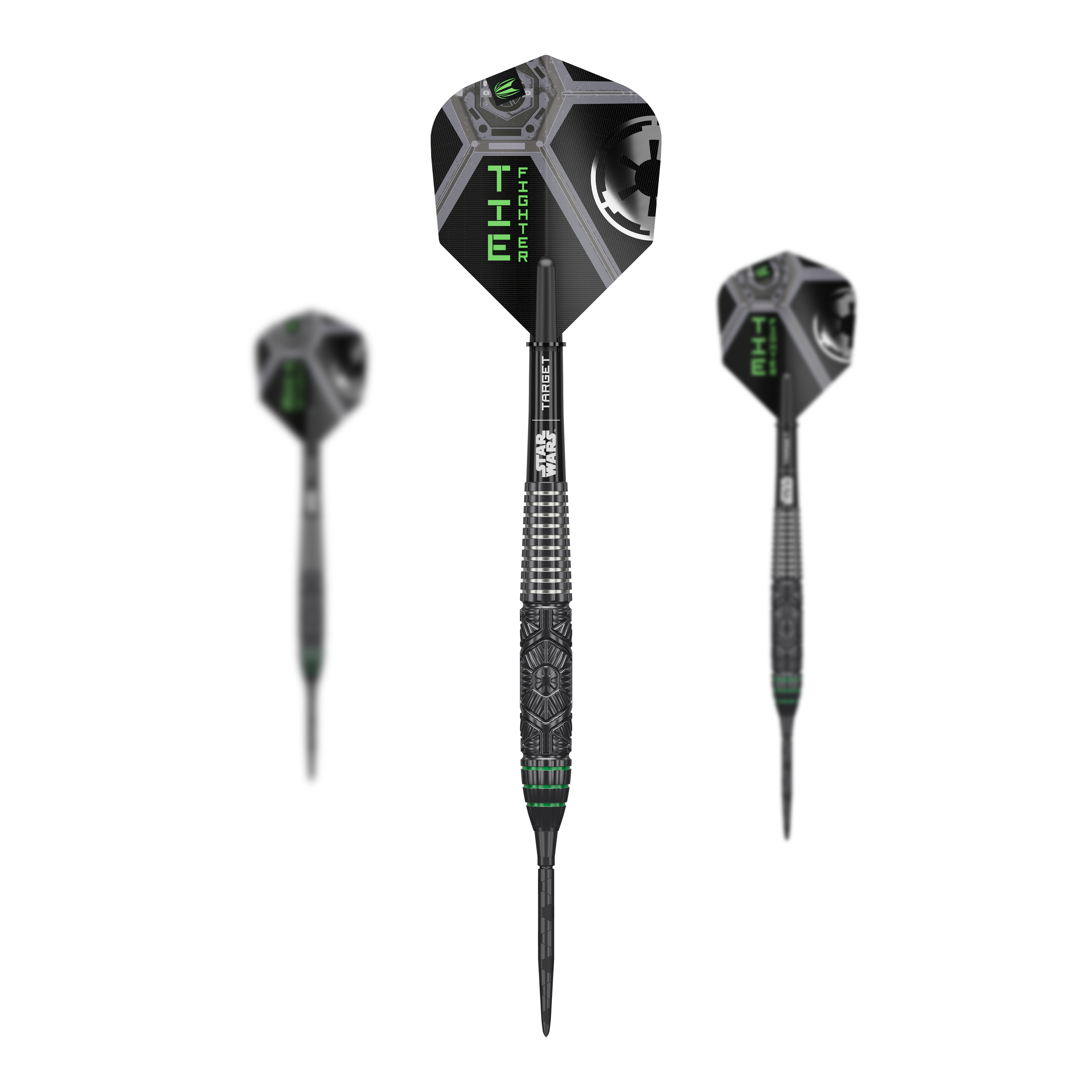 Target Star Wars Tie Fighter Swiss Point Steeldarts sind auf dem Bild zu sehen. Das Produkt wird als Set von Steeldarts dargestellt.