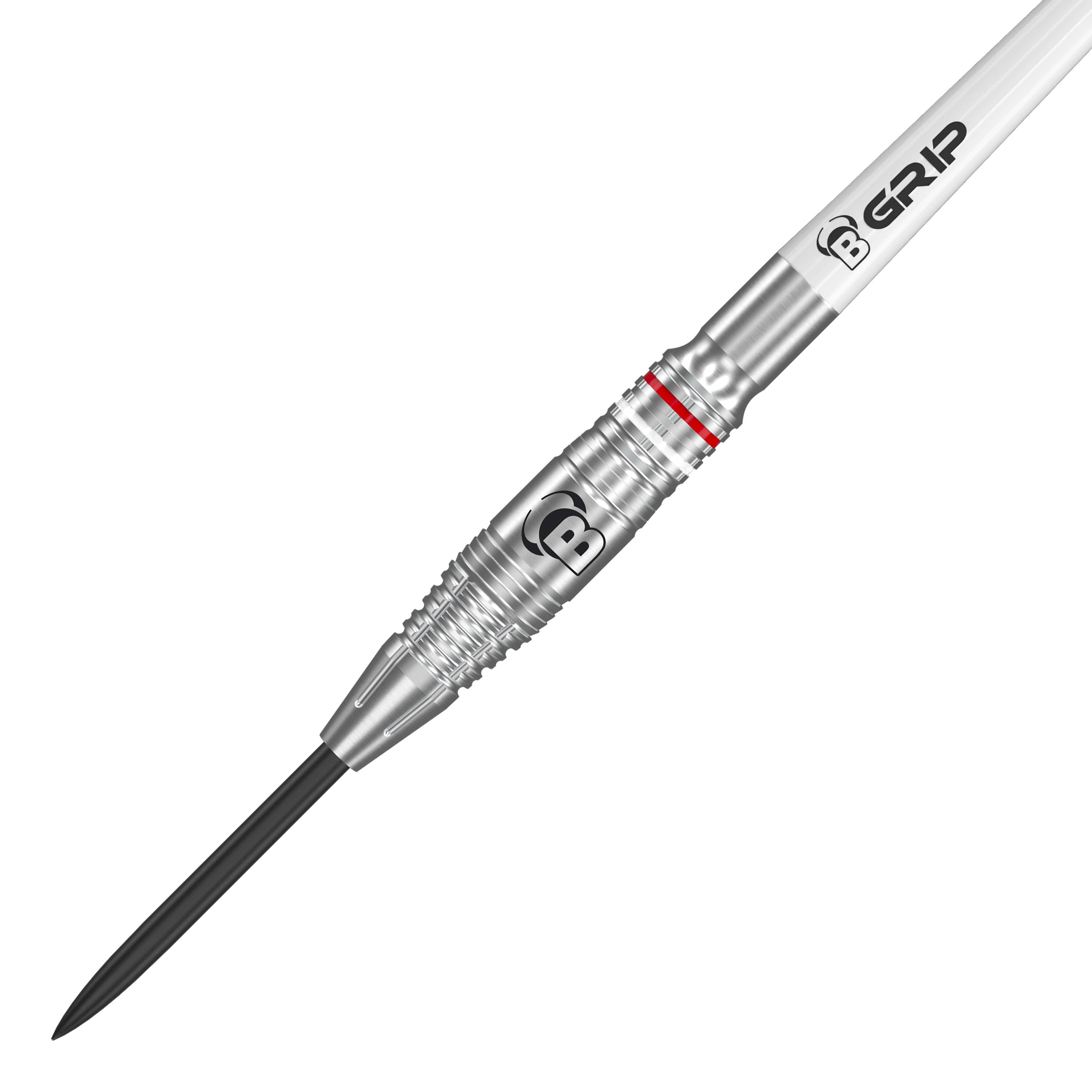 Bulls Niko Springer steel darts Das Bild zeigt einen Bulls Niko Springer Steeldart. Der Dart ist silberfarben mit einem gezackten Griff und einem schwarzen Spitzenteil.