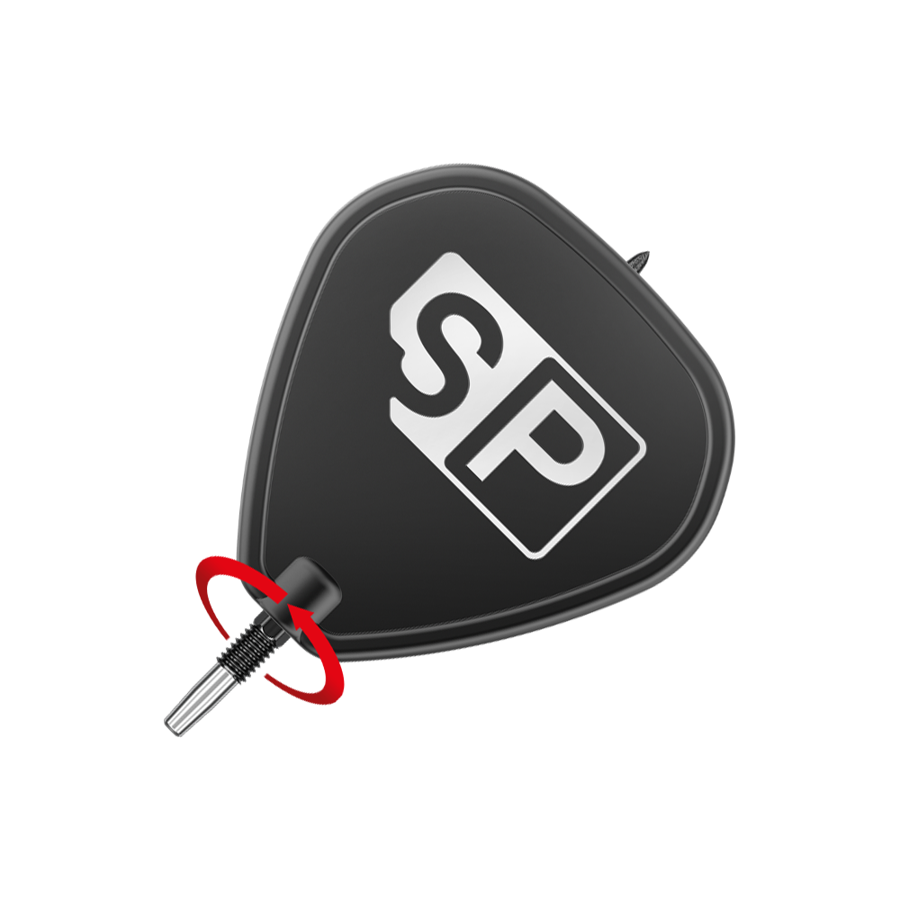 Target Swiss Point SLK dart tips - Black Das Bild zeigt die schwarzen Target Swiss Point SLK Dartspitzen. Im Vordergrund ist die Dartspitze mit einem schwarzen Flight zu sehen, auf dem die Buchstaben "SP" stehen.