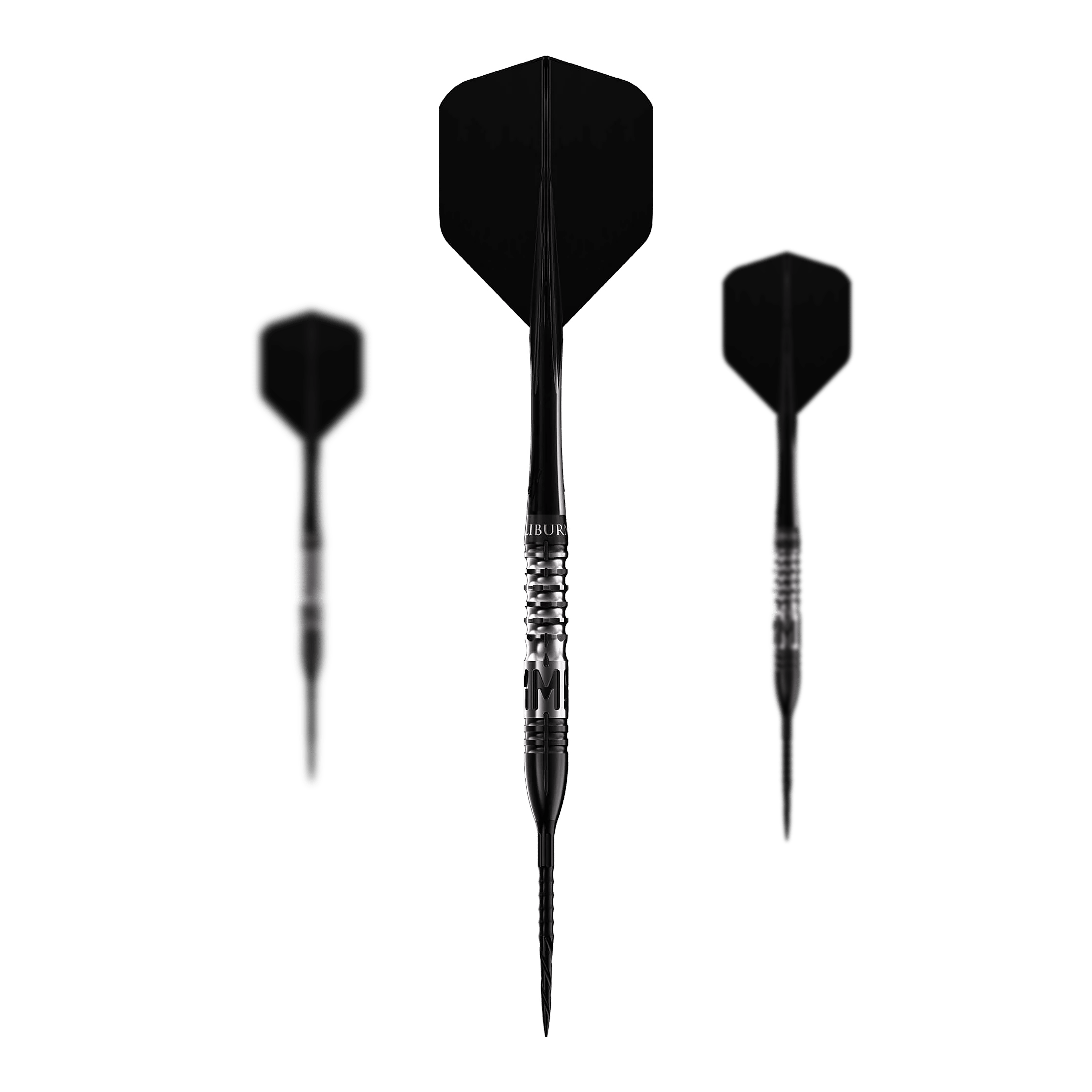 Caliburn Player MAK steel darts Das Bild zeigt drei Steeldarts des Produkts „Caliburn Player MAK Steeldarts - 23,5g“. Die Darts sind schwarz und haben ein geriffeltes Griffstück für besseren Halt.