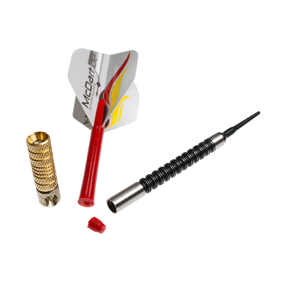 McDart Shaftrestentferner Das Bild zeigt den McDart Shaftrestentferner zusammen mit einem zerlegten Dartpfeil. Die Einzelteile liegen übersichtlich nebeneinander auf weißem Hintergrund.