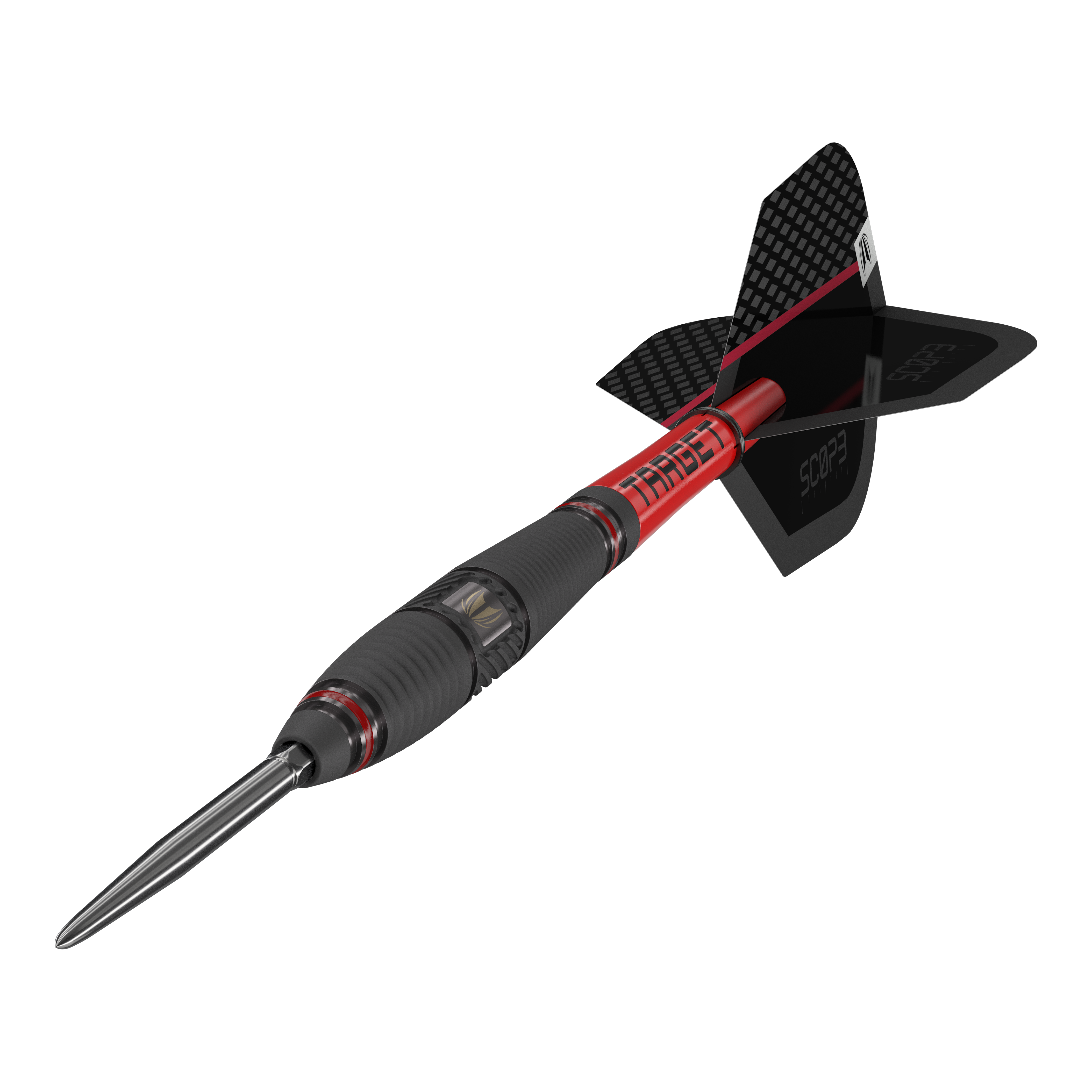Target Scope 03 Swiss Point steel darts Das Bild zeigt einen Target Scope 03 Swiss Point Steeldart mit schwarzem und rotem Design. Der Dartpfeil hat eine stabile Stahlspitze und aerodynamische Flügel.