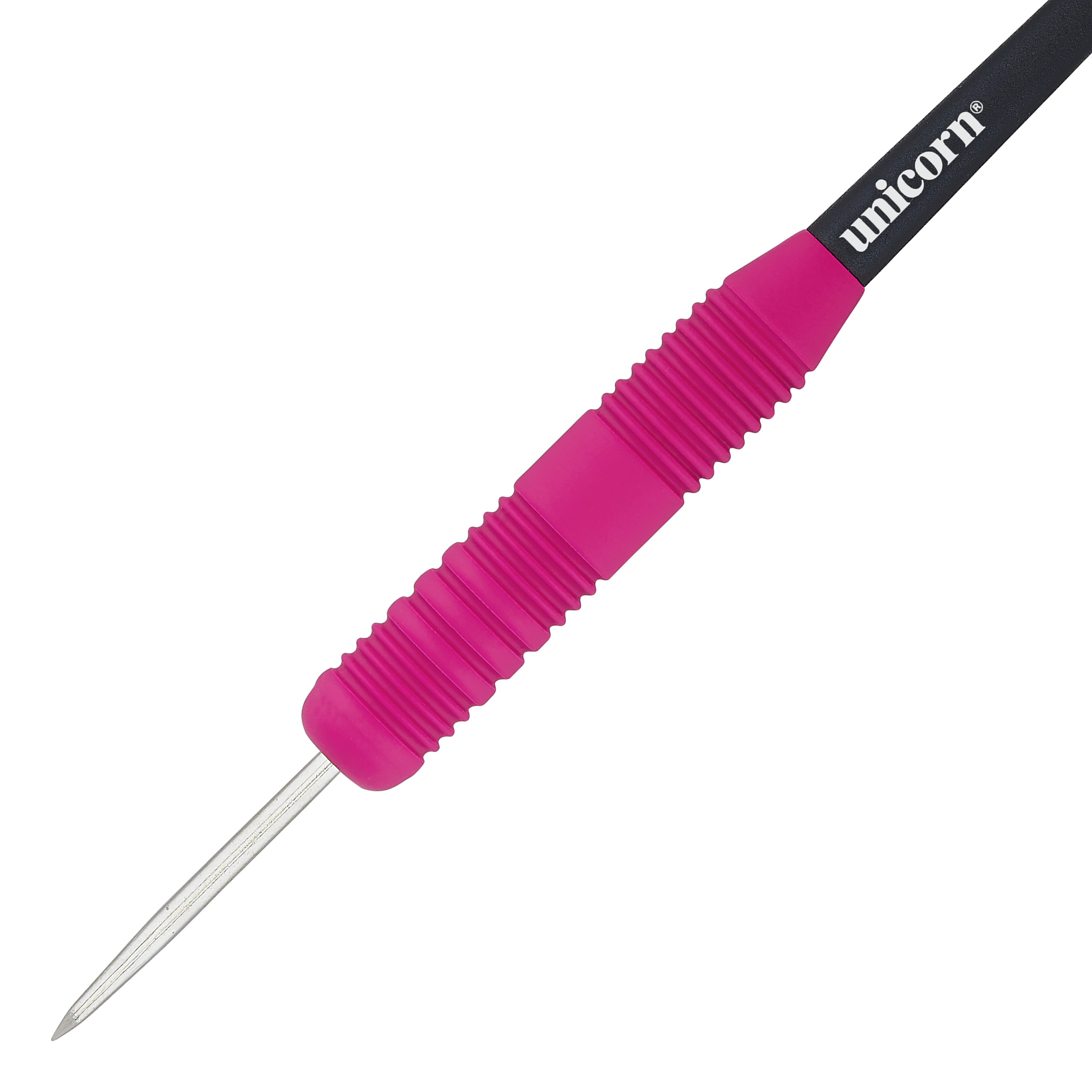 Das Bild zeigt einen Unicorn Core Plus Steeldart mit einem gummierten, pinken Griff. Der Dart hat eine silberne Spitze und einen schwarzen Schaft mit dem weißen "unicorn"-Logo.