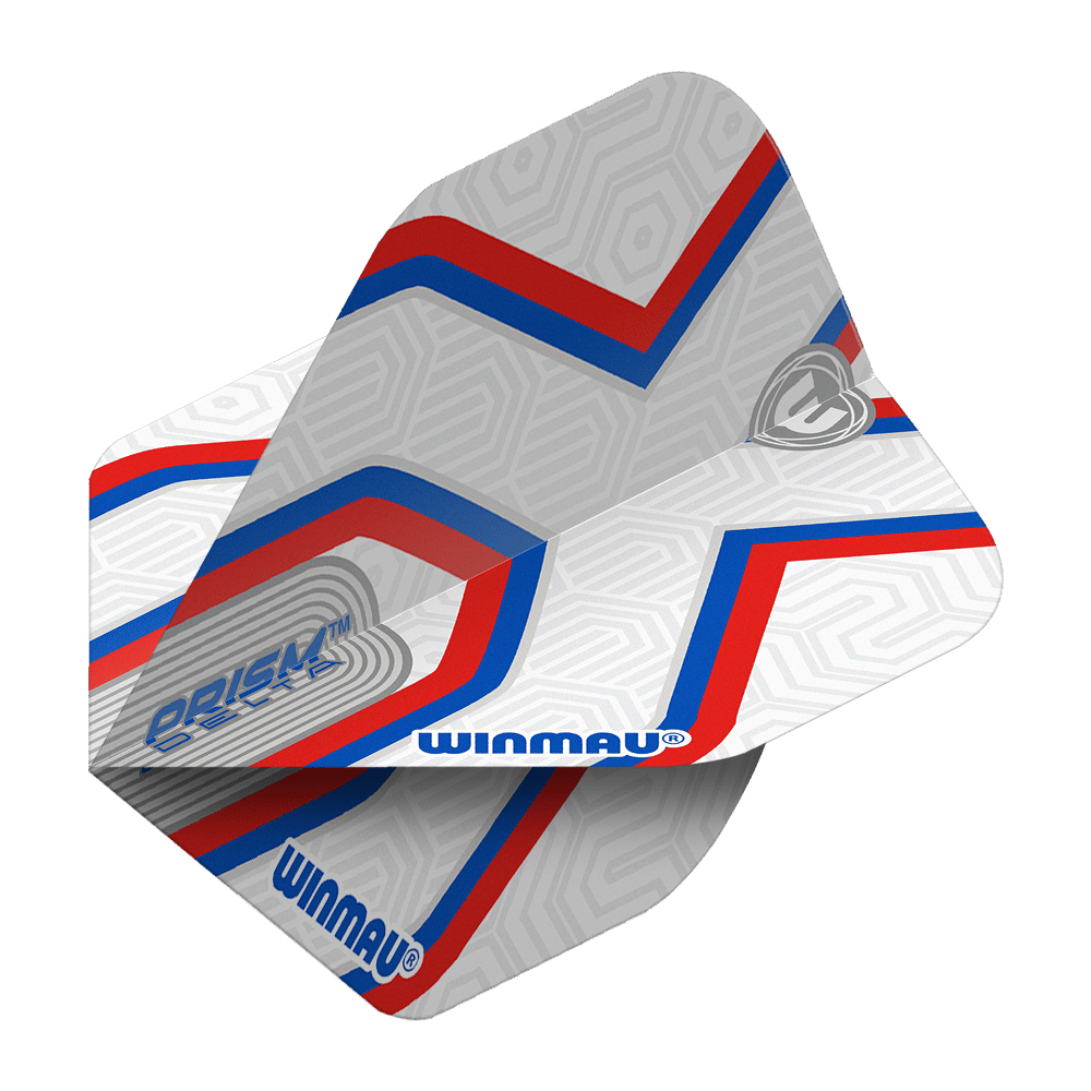 Winmau Prism Delta Epix No2 Standard Flights Das Bild zeigt die Winmau Prism Delta Epix No2 Standard Flights. Die Flights sind hauptsächlich weiß mit roten und blauen Streifen sowie dem Winmau-Logo.