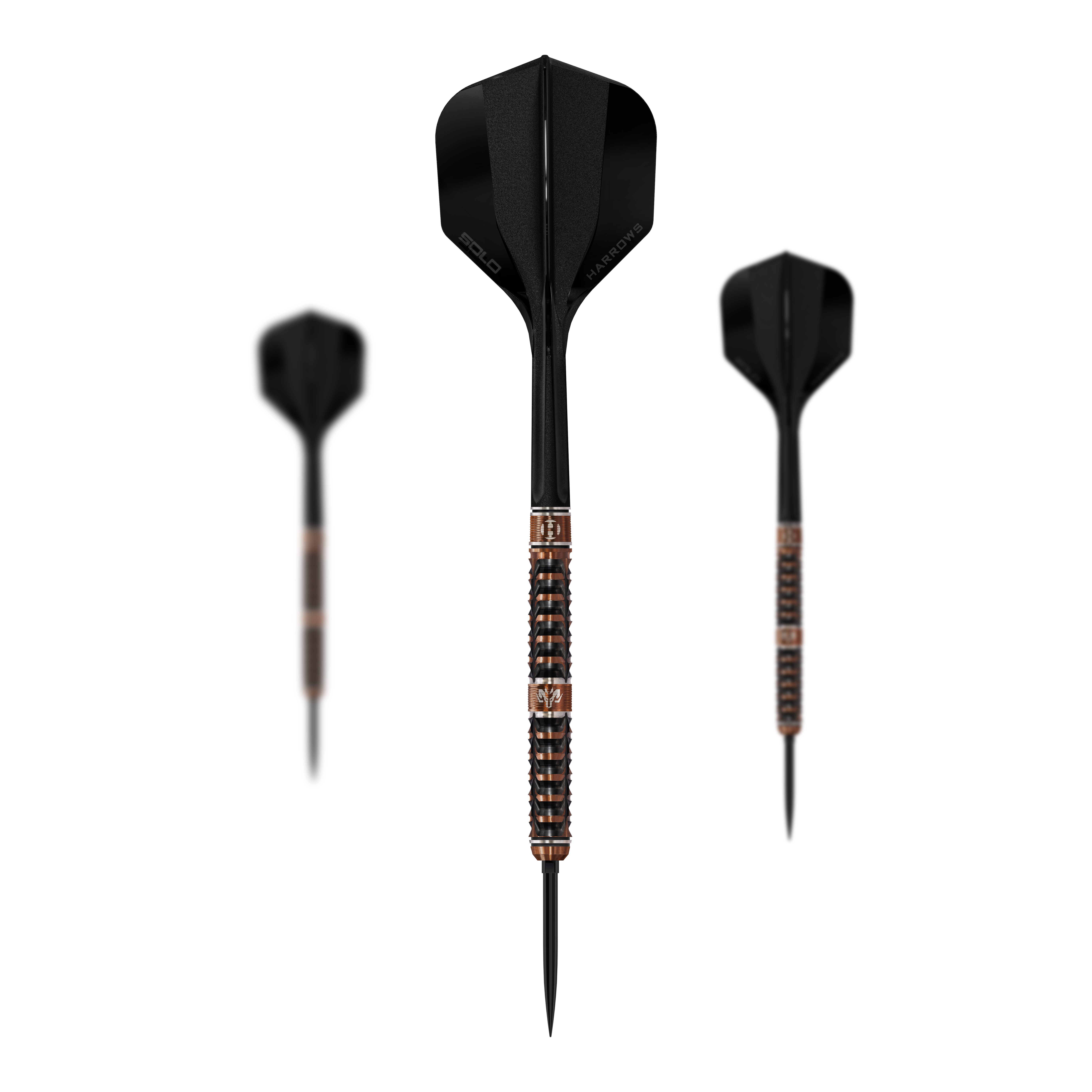 Das Bild zeigt die Harrows Wolfram Trinity Quick Point Steeldarts. Ein Satz Steeldarts mit moderner Optik ist abgebildet.