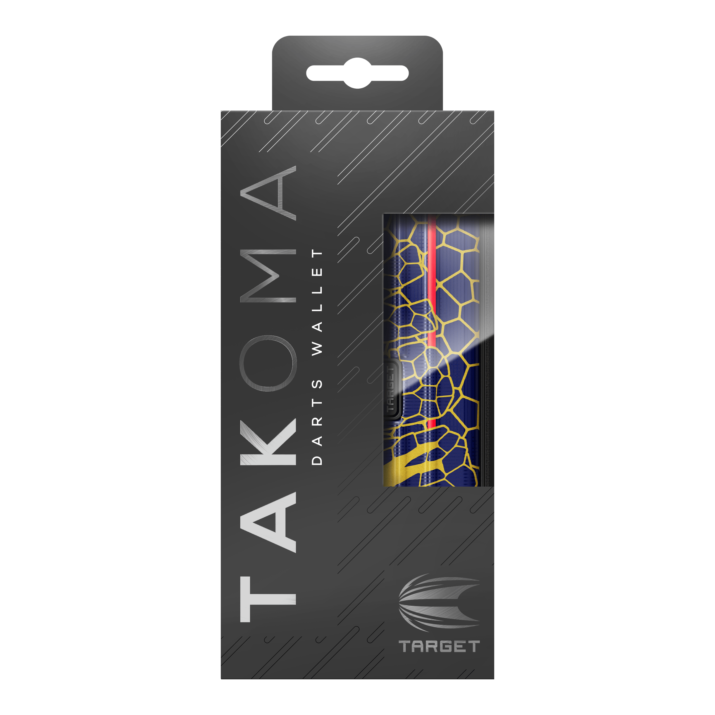 Target Takoma Josh Rock dart case Dies ist das Target Takoma Josh Rock Dartcase in einer eleganten schwarzen Verpackung. Durch das Sichtfenster sieht man das Design des Dartcases mit einem blauen und gelben Wabenmuster.
