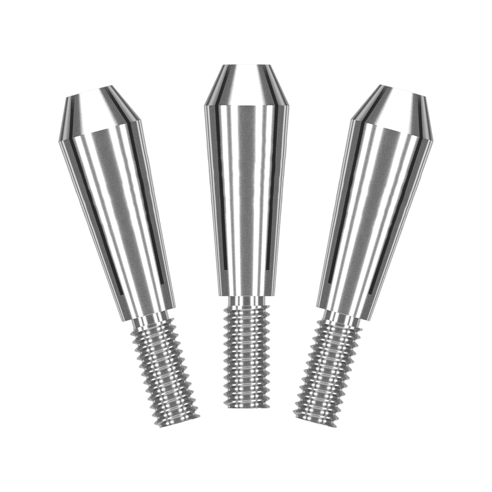 562_Harrows_Colette_Shafts_Ersatztops_1 Das Bild zeigt drei silberne Ersatzaufsätze für Harrows Colette Shafts. Sie sind aus Metall und haben ein Schraubgewinde am unteren Ende.